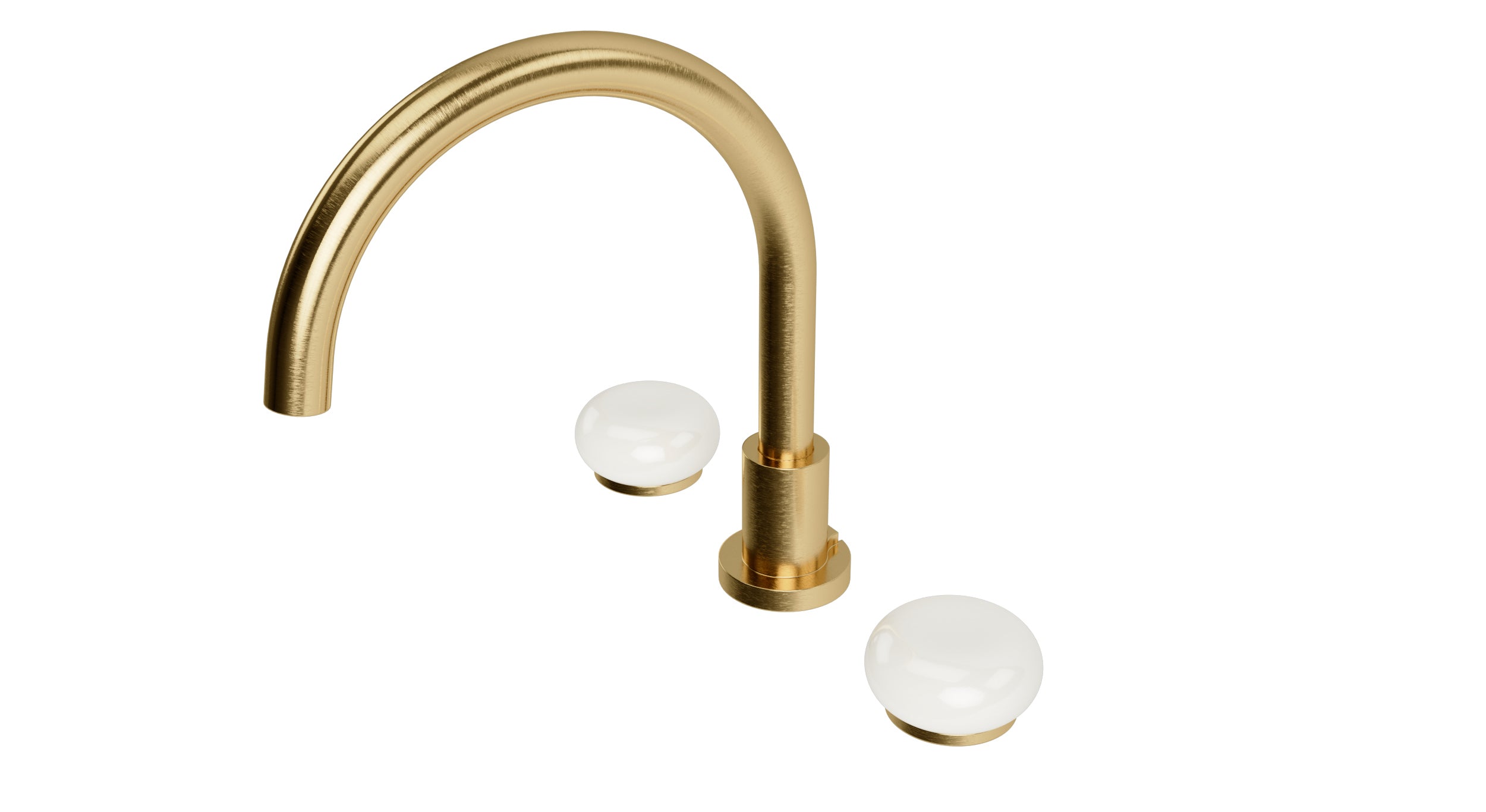 Foundry Two Handle Deck Mount Gooseneck Bath Trim with Pebble Ceramic Knob Handles in Satin Brass