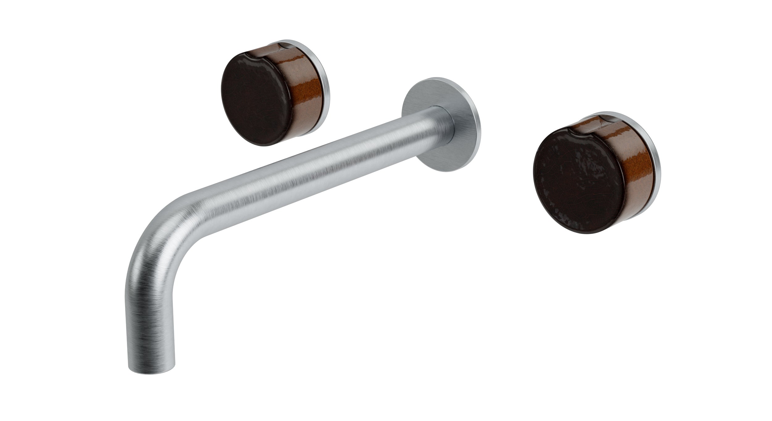 Foundry Two Handle Wall Mount 7.5" Lavatory Faucet with Groove Ceramic Knob Handles in Satin Chrome