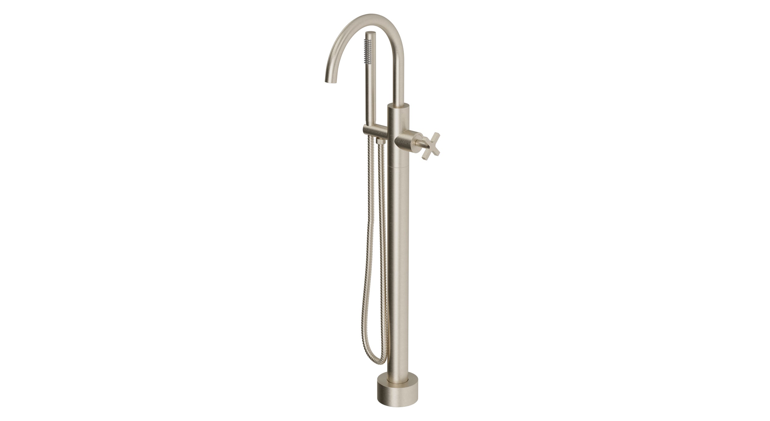 Flatiron One Handle Floor Mount Gooseneck Bath Trim with Hand Shower and Linear Cross Handle in Satin Nickel