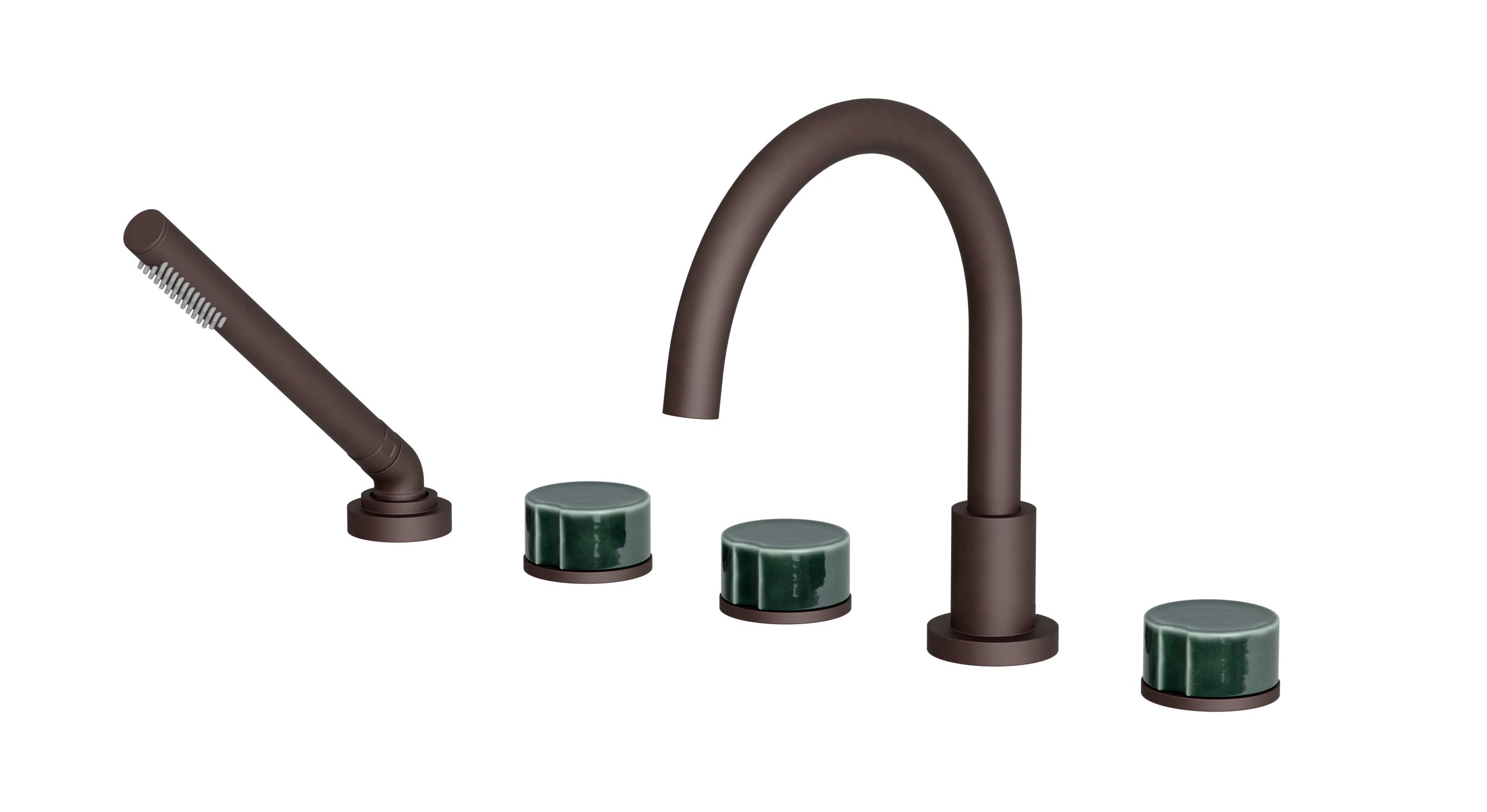 Foundry Three Handle Deck Mount Gooseneck Bath Trim with Hand Shower and Groove Ceramic Knob Handles in Architectural Copper