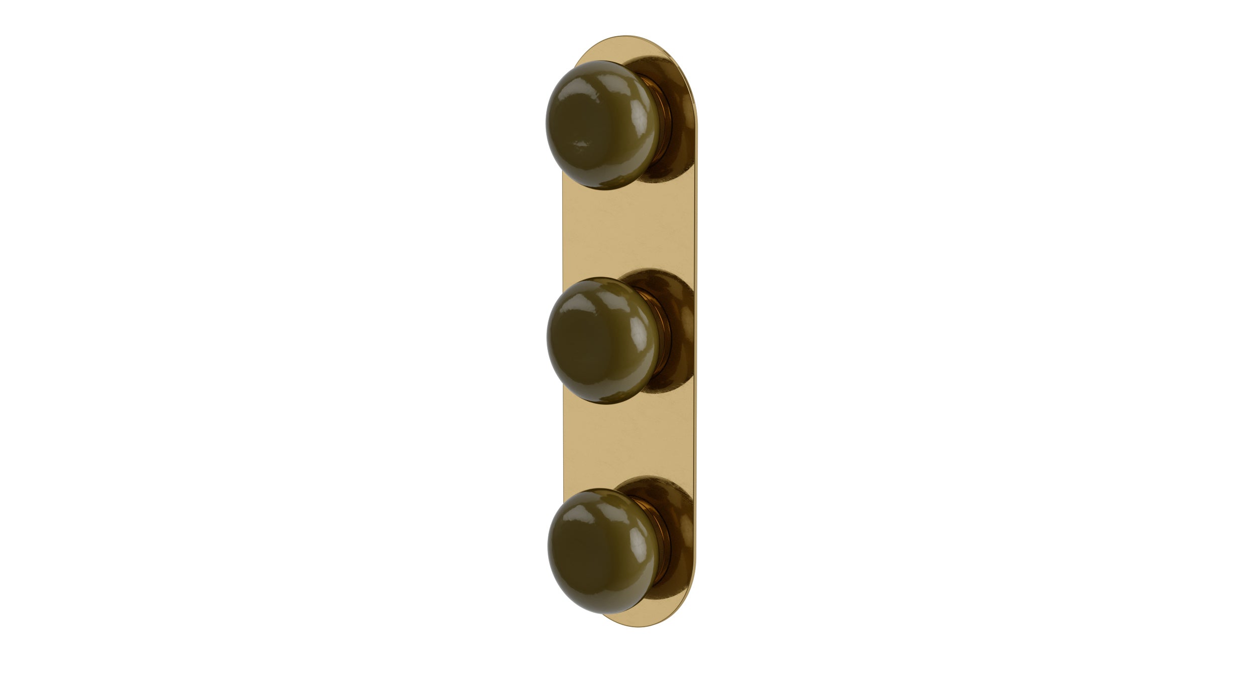 Foundry Three Handle Wall Mount Shower Trim with Pebble Ceramic Knob Handles in Uncoated Polished Brass