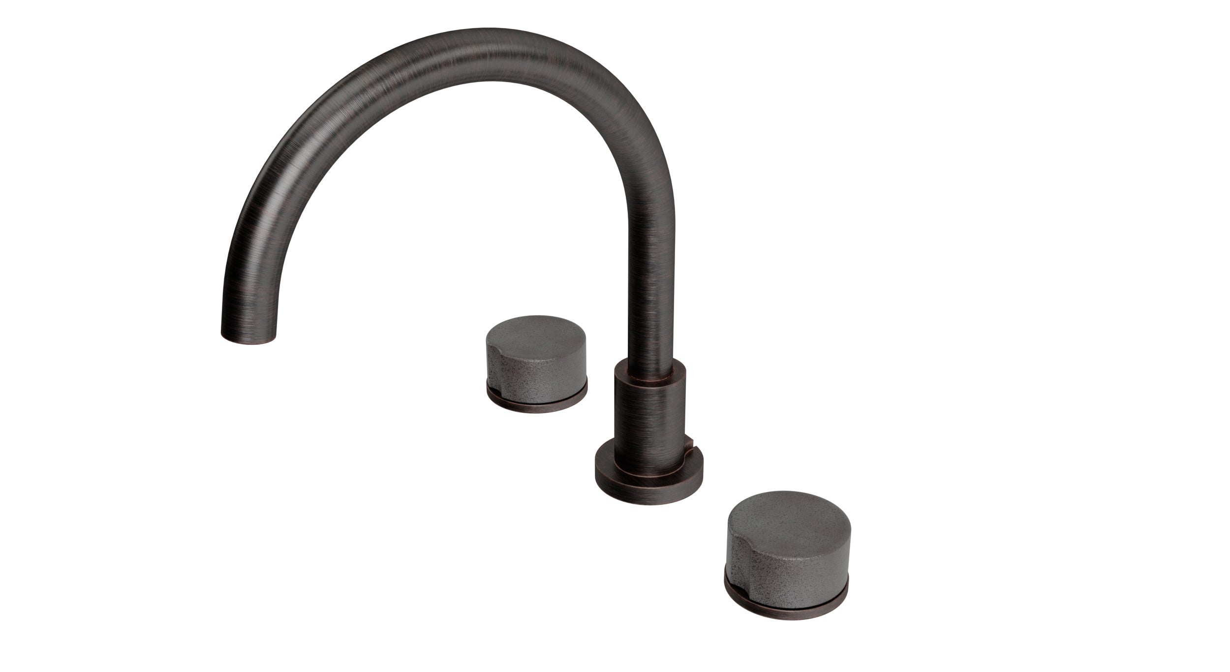 Foundry Two Handle Deck Mount Gooseneck Bath Trim with Groove Ceramic Knob Handles in Antique Bronze