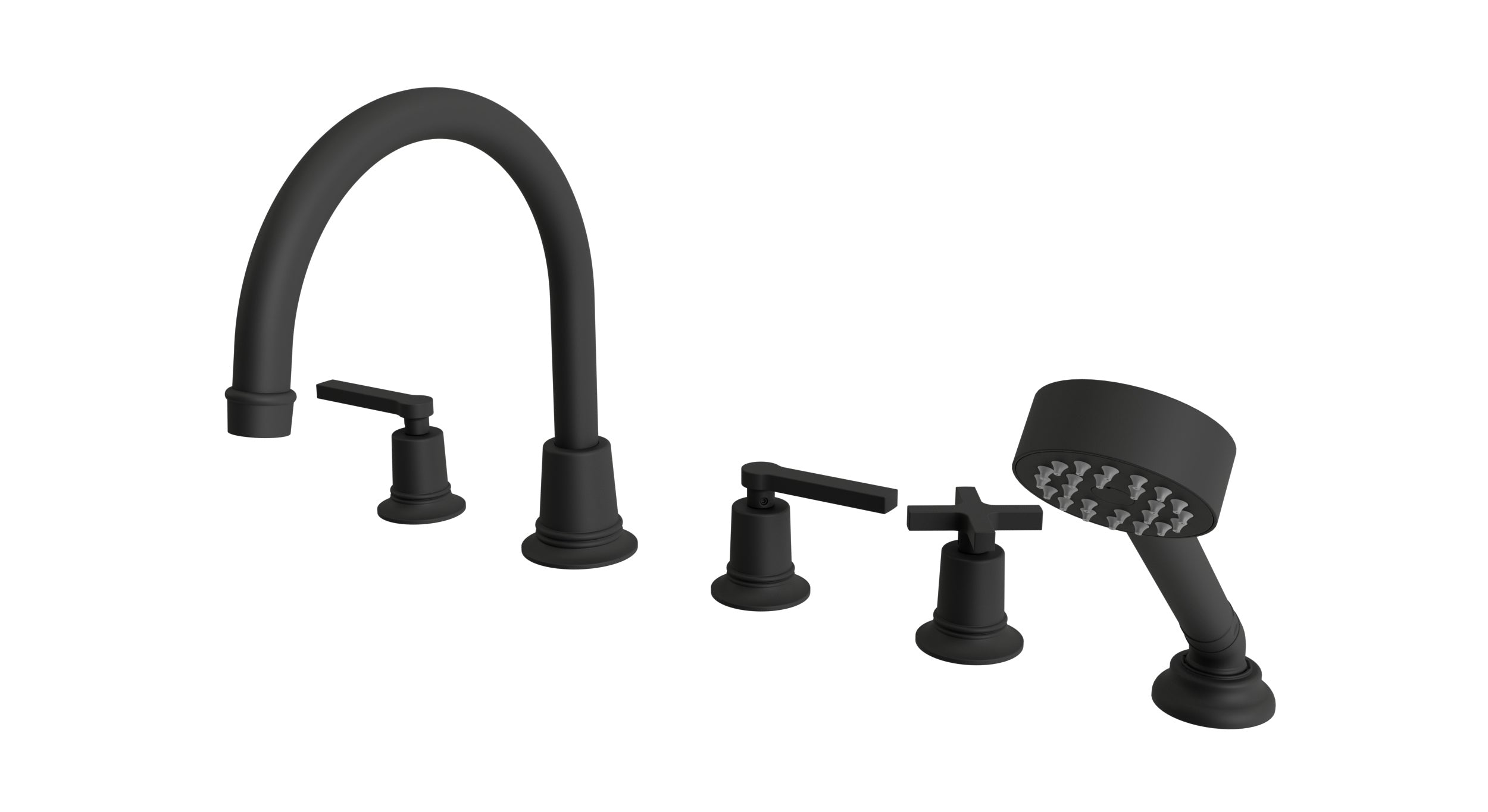 Emerson Three Handle Deck Mount Gooseneck Bath Trim with Hand Shower and Classic Cross/Classic Lever Handles in Matte Black