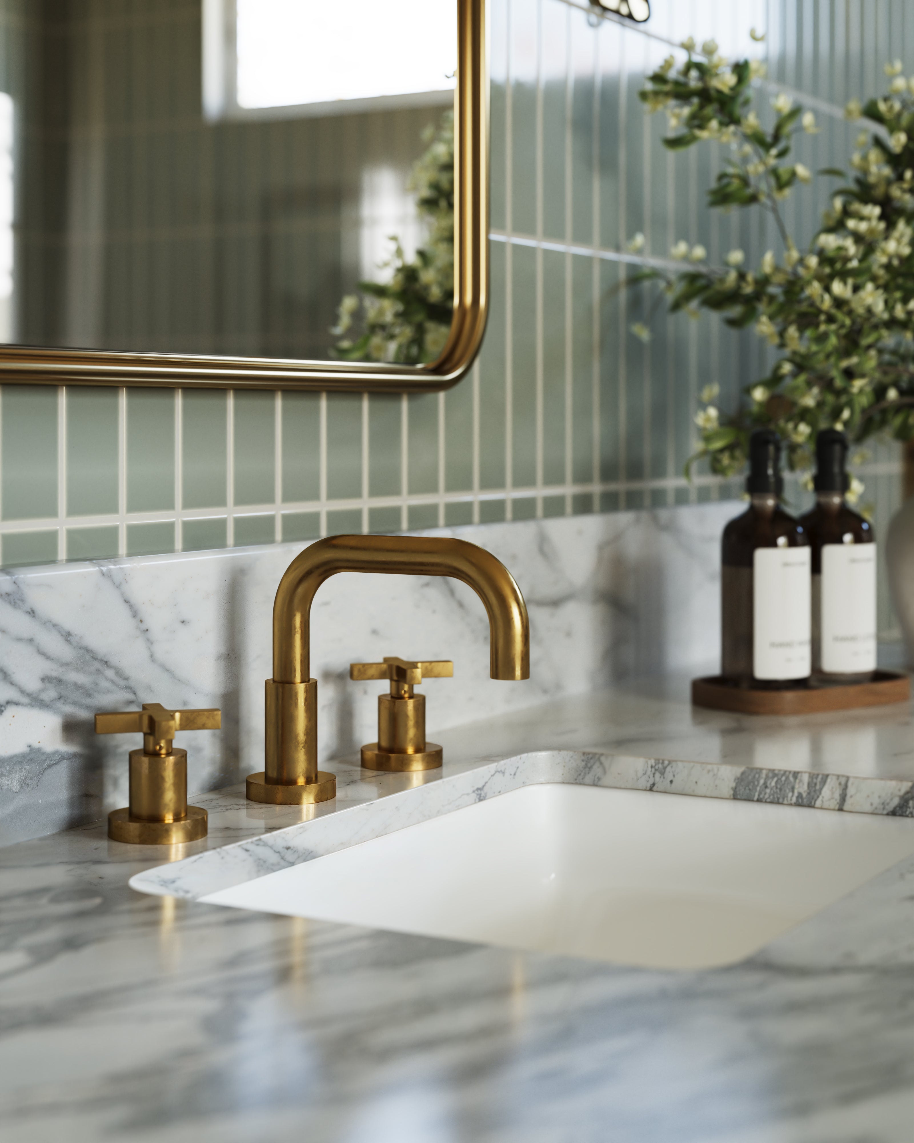 Flatiron Two Handle Deck Mount Squaretop Lavatory Faucet with Linear Cross Handles in French Brass