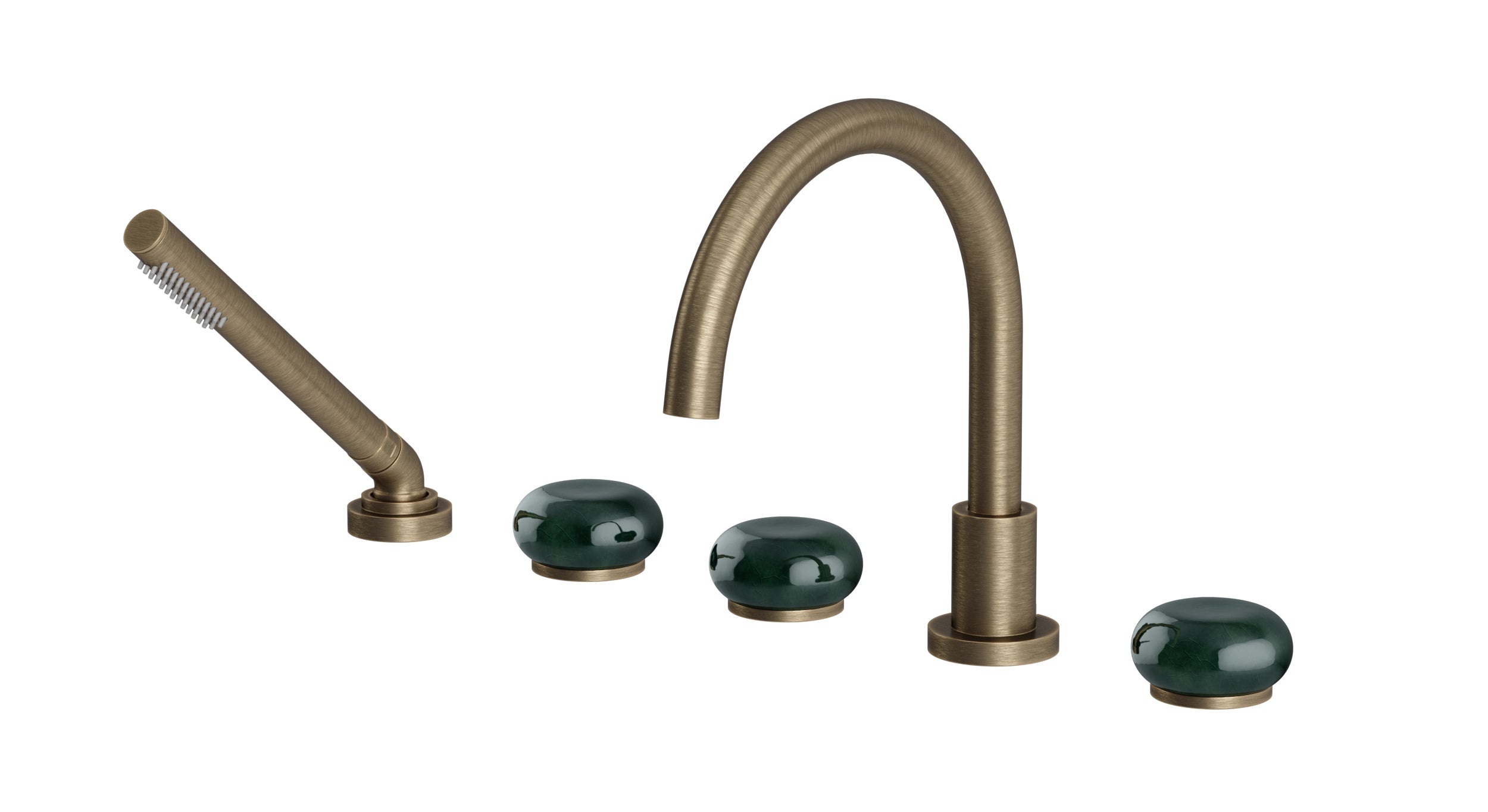 Foundry Three Handle Deck Mount Gooseneck Bath Trim with Hand Shower and Pebble Ceramic Knob Handles in Antique Brass