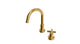 Flatiron One Handle Deck Mount Short Gooseneck Lavatory Faucet with Linear Cross Handle in French Brass