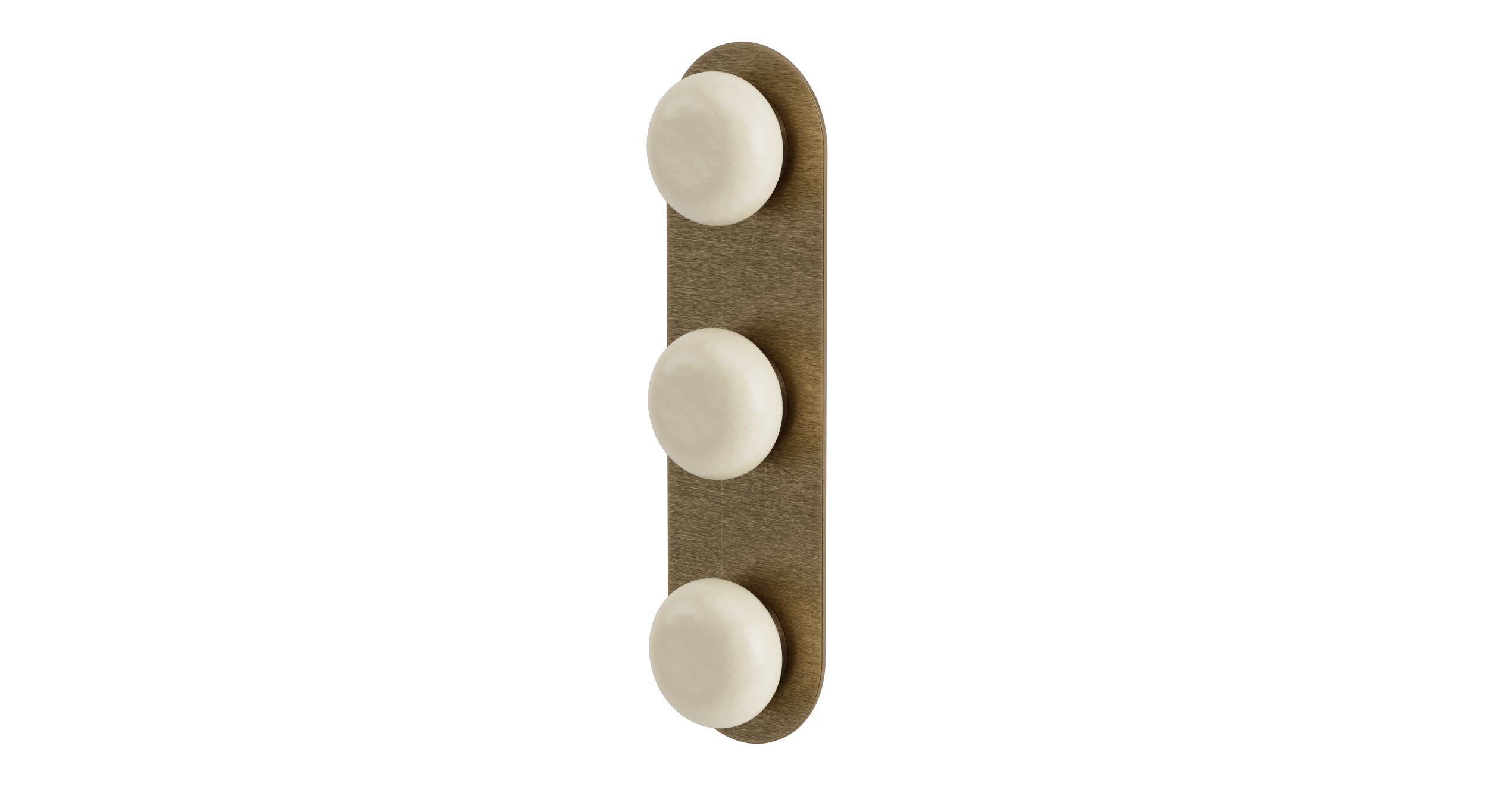 Foundry Three Handle Wall Mount Shower Trim with Pebble Ceramic Knob Handles in Antique Brass