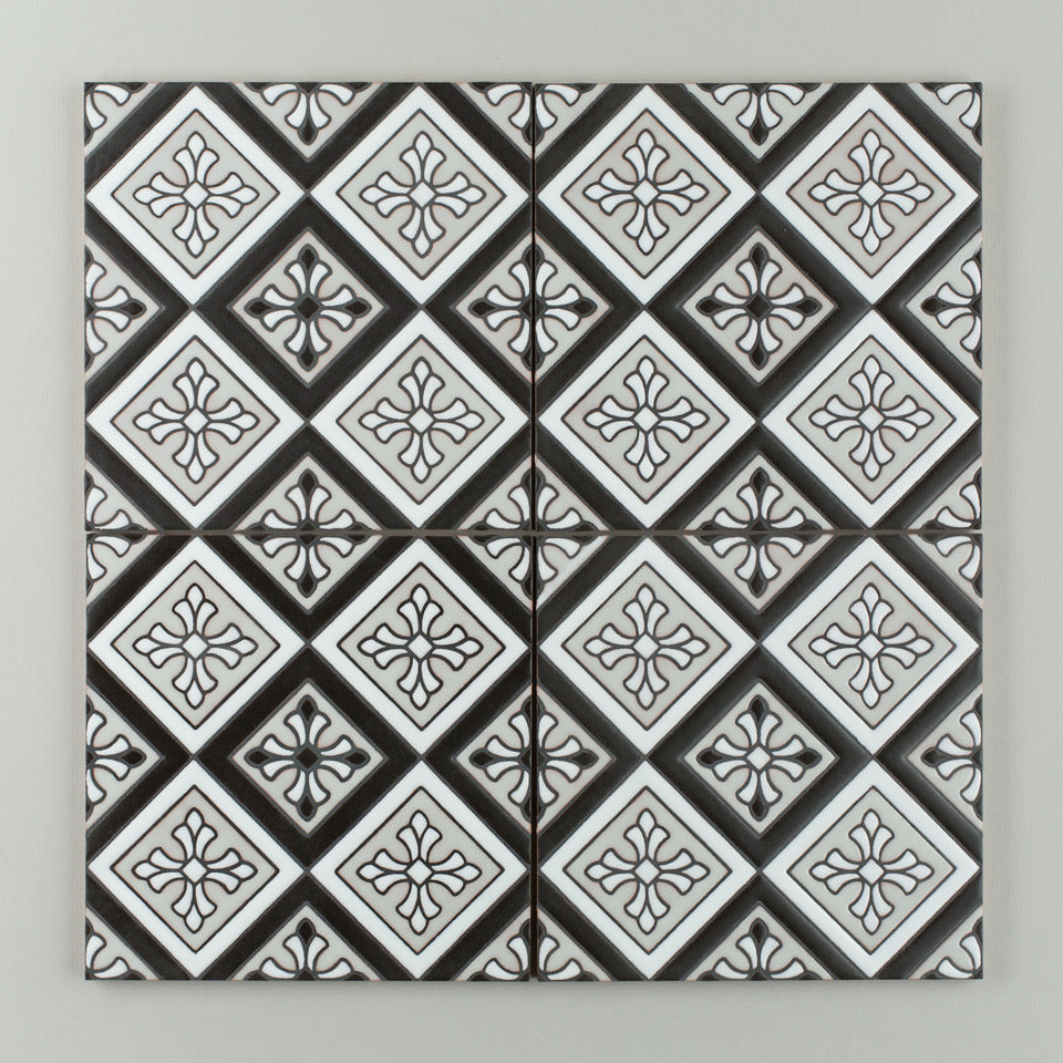 8x8 Handpainted Tile Murietta in Black & White Motif