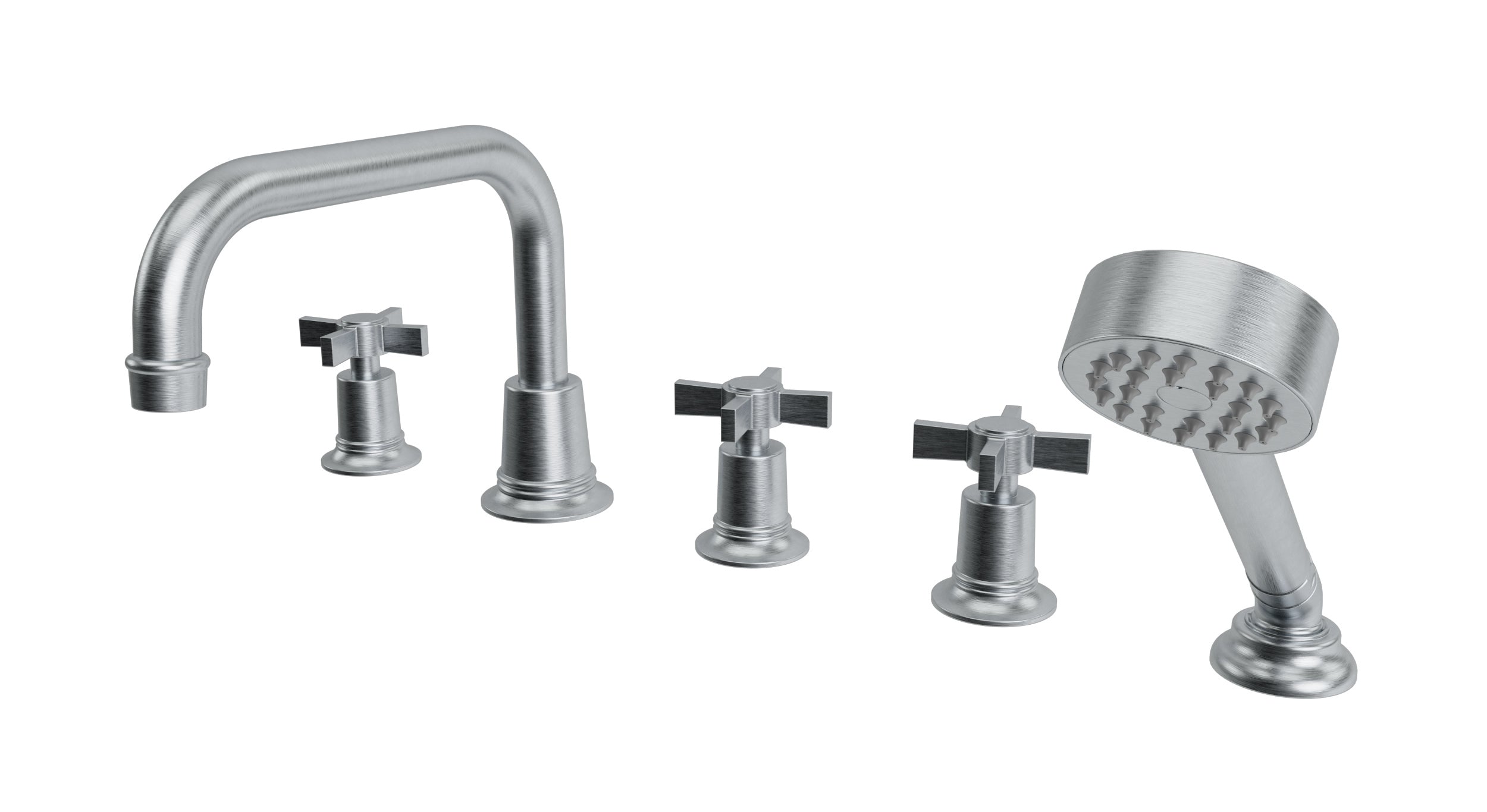 Emerson Three Handle Deck Mount Squaretop Bath Trim with Hand Shower and Defined Cross Handles in Satin Chrome