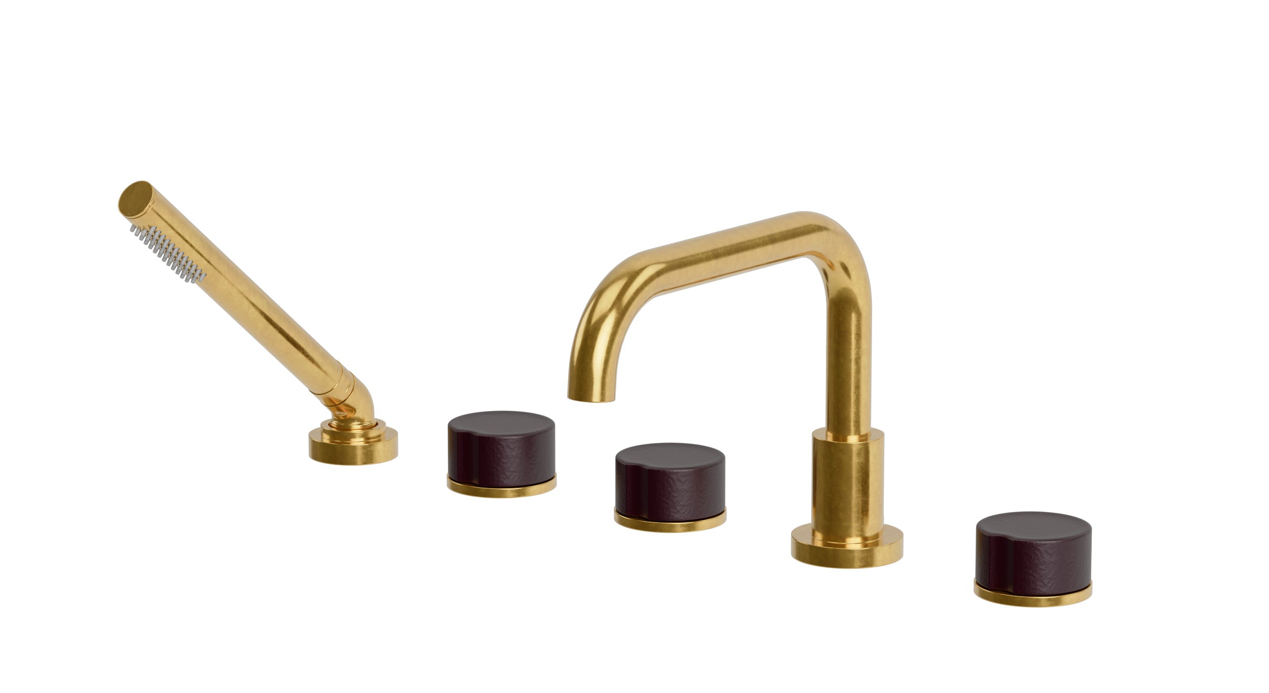Foundry Three Handle Deck Mount Squaretop Bath Trim with Hand Shower and Groove Ceramic Knob Handles in French Brass