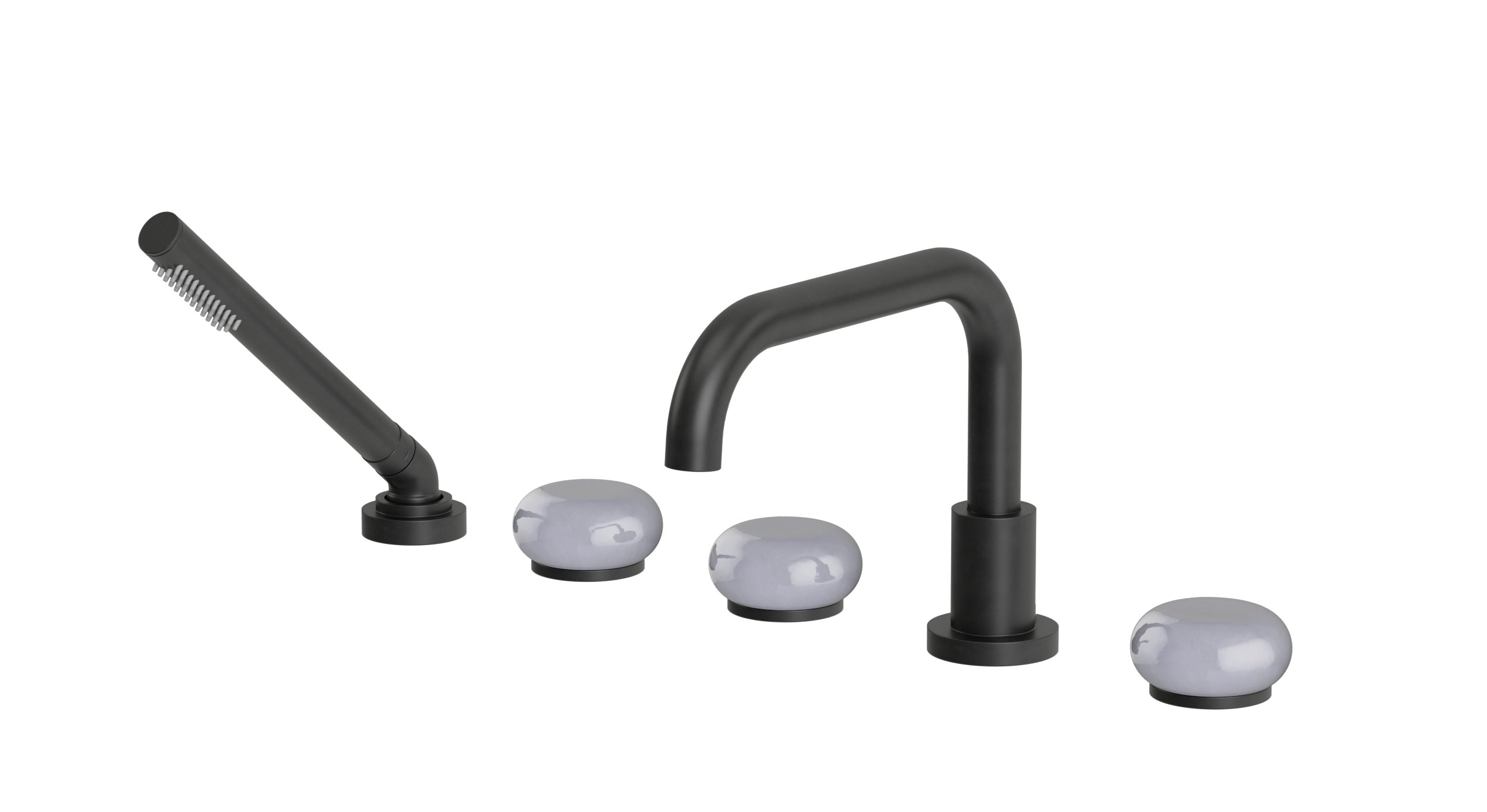Foundry Three Handle Deck Mount Squaretop Bath Trim with Hand Shower and Pebble Ceramic Knob Handles in Oil Rubbed Bronze