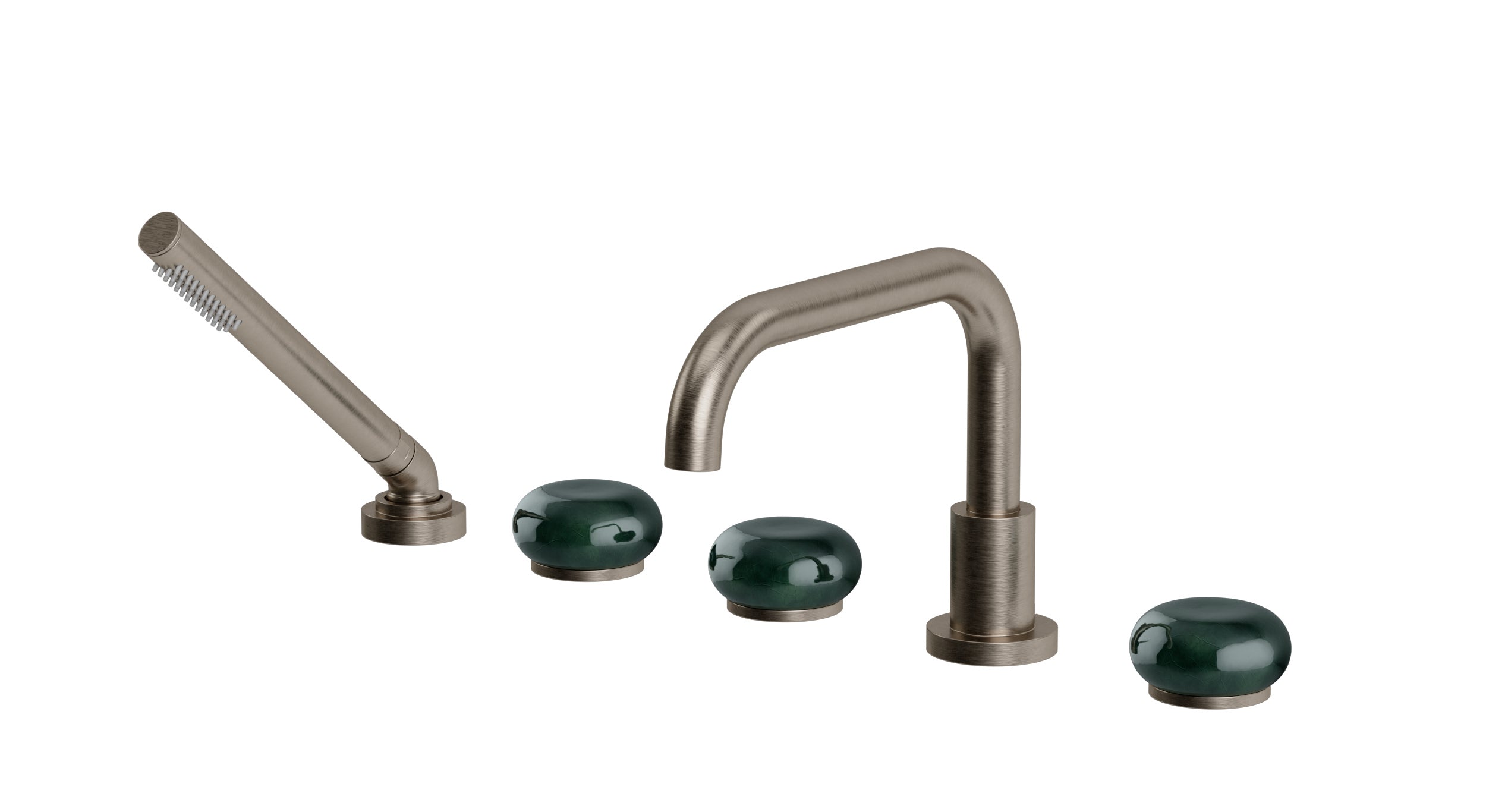 Foundry Three Handle Deck Mount Squaretop Bath Trim with Hand Shower and Pebble Ceramic Knob Handles in Antique Nickel