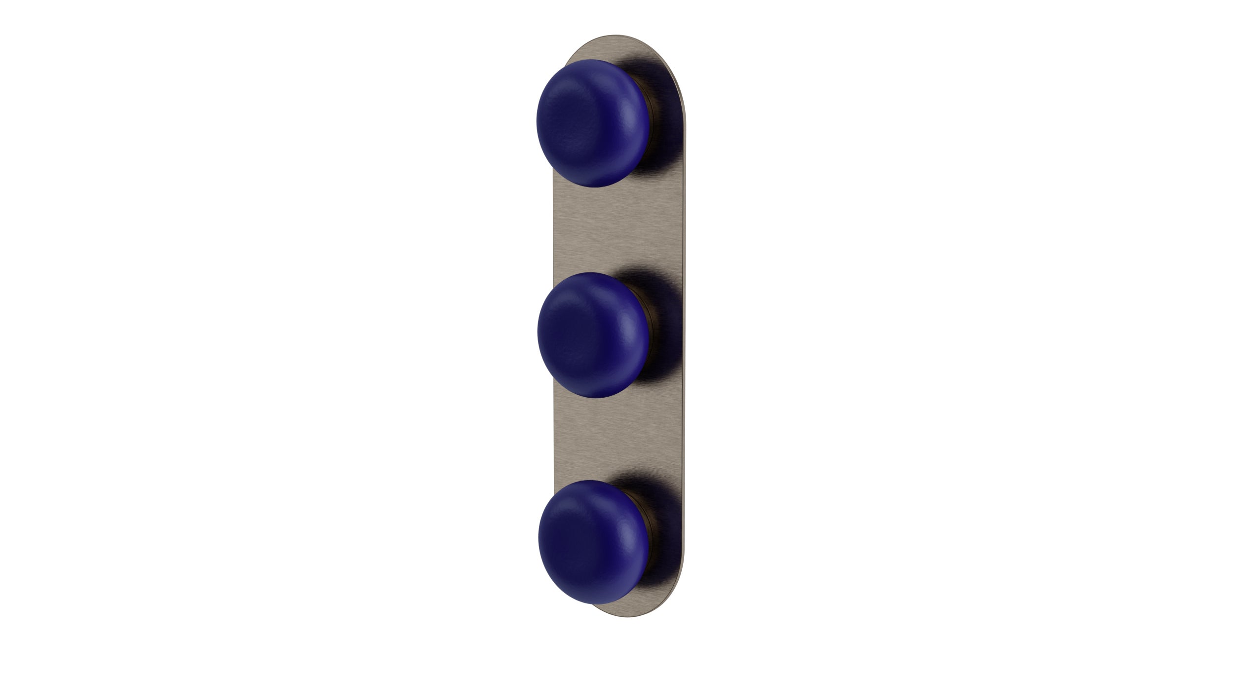 Foundry Three Handle Wall Mount Shower Trim with Pebble Ceramic Knob Handles in Antique Nickel