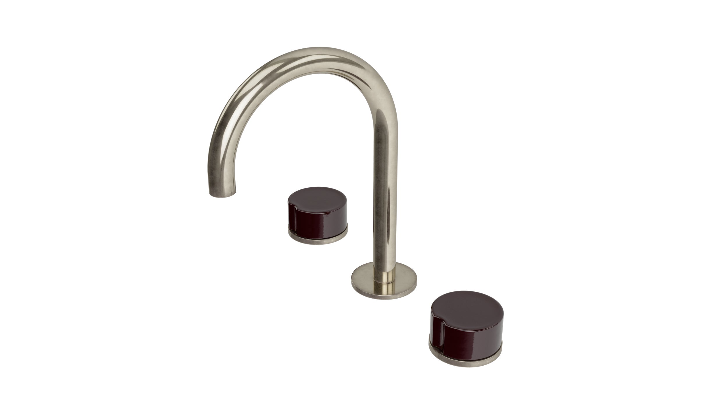 Foundry Two Handle Deck Mount Gooseneck Lavatory Faucet with Groove Ceramic Knob Handles in French Nickel