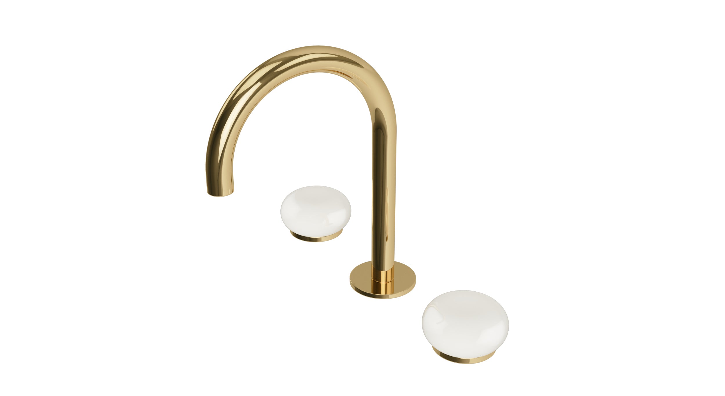 Foundry Two Handle Deck Mount Gooseneck Lavatory Faucet with Pebble Ceramic Knob Handles in Polished Brass
