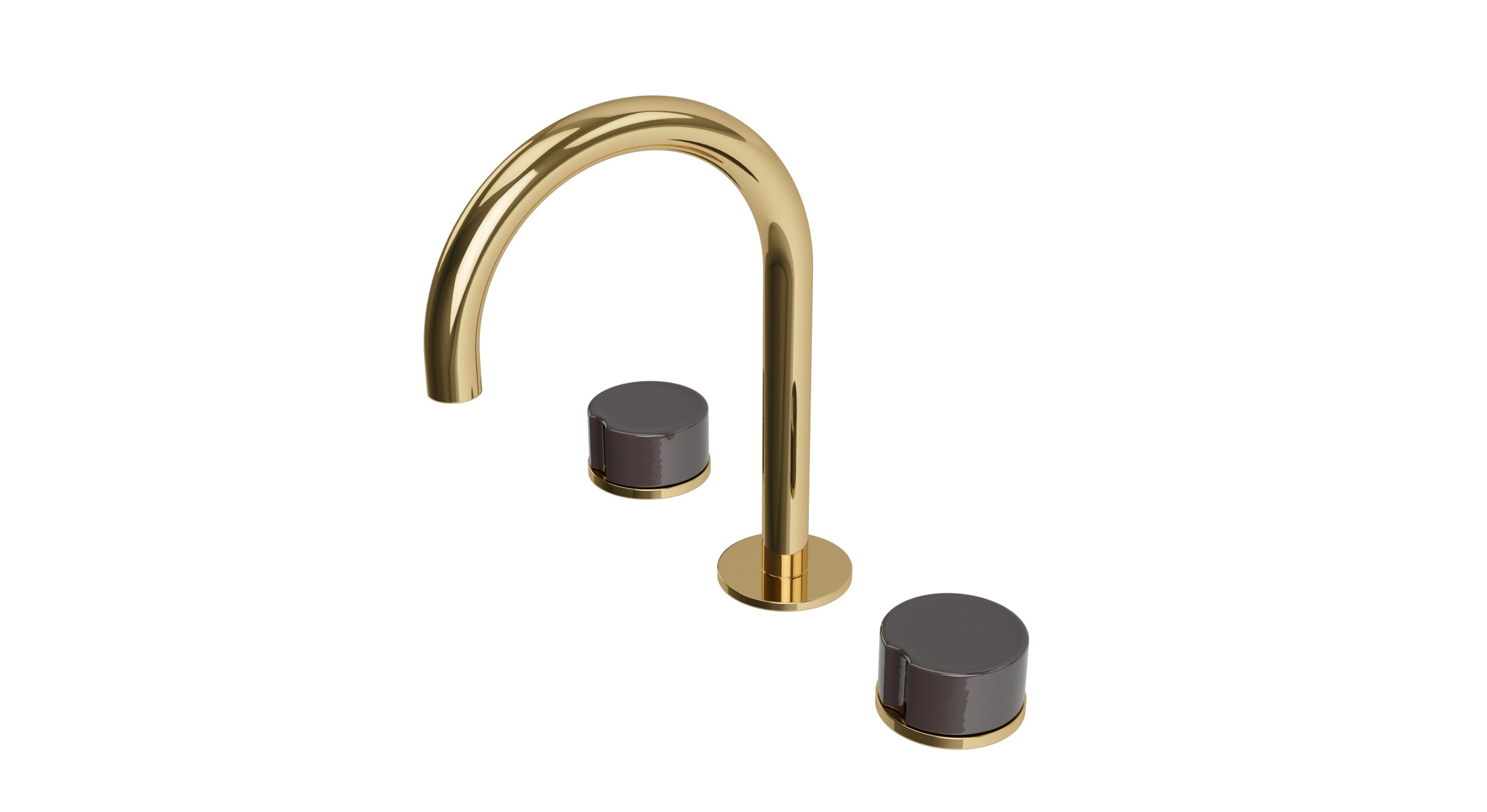 Foundry Two Handle Deck Mount Gooseneck Lavatory Faucet with Groove Ceramic Knob Handles in Polished Brass