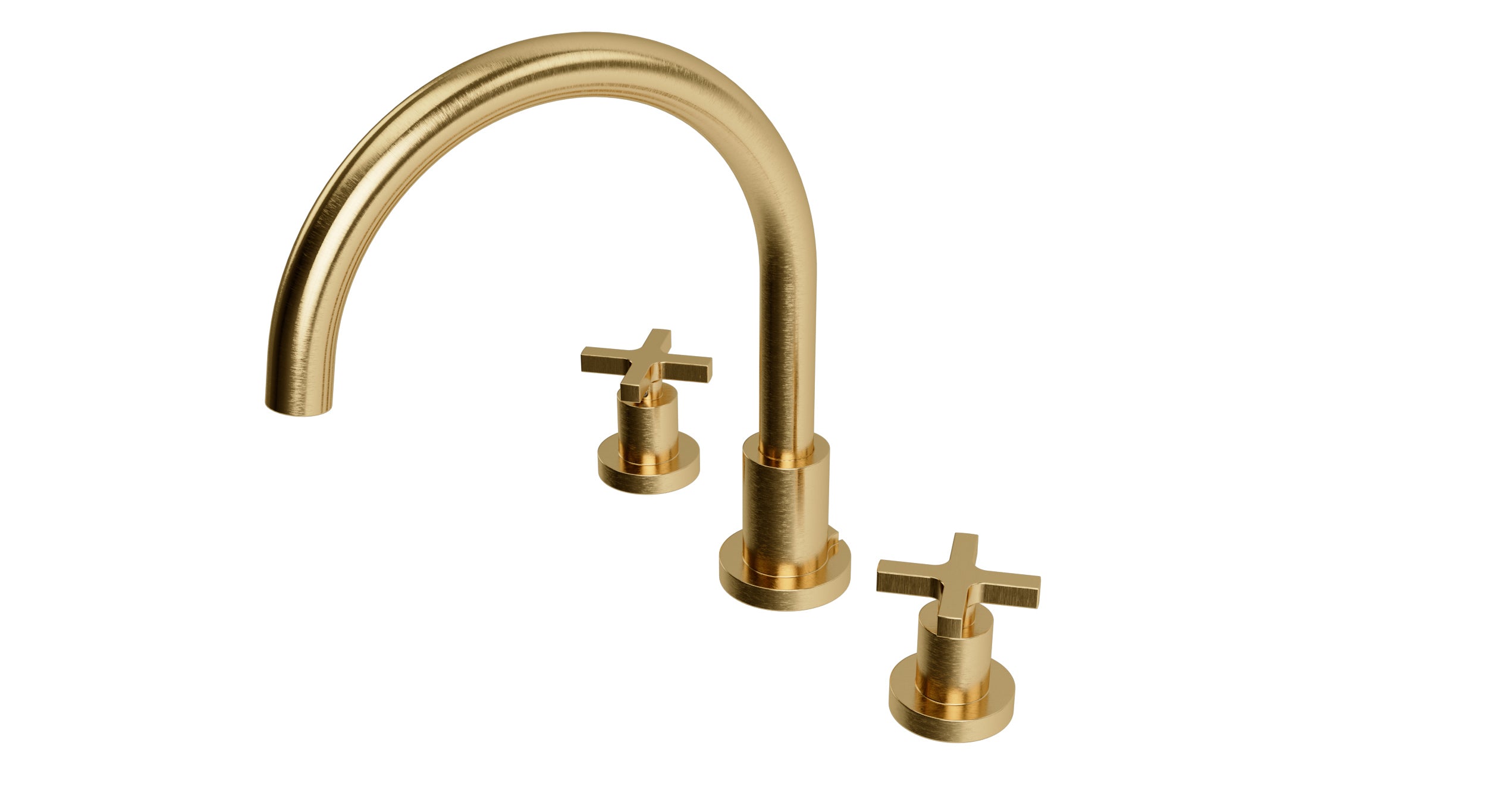 Flatiron Two Handle Deck Mount Gooseneck Bath Trim with Linear Cross Handles in Satin Brass