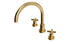Flatiron Two Handle Deck Mount Gooseneck Bath Trim with Linear Cross Handles in Satin Brass