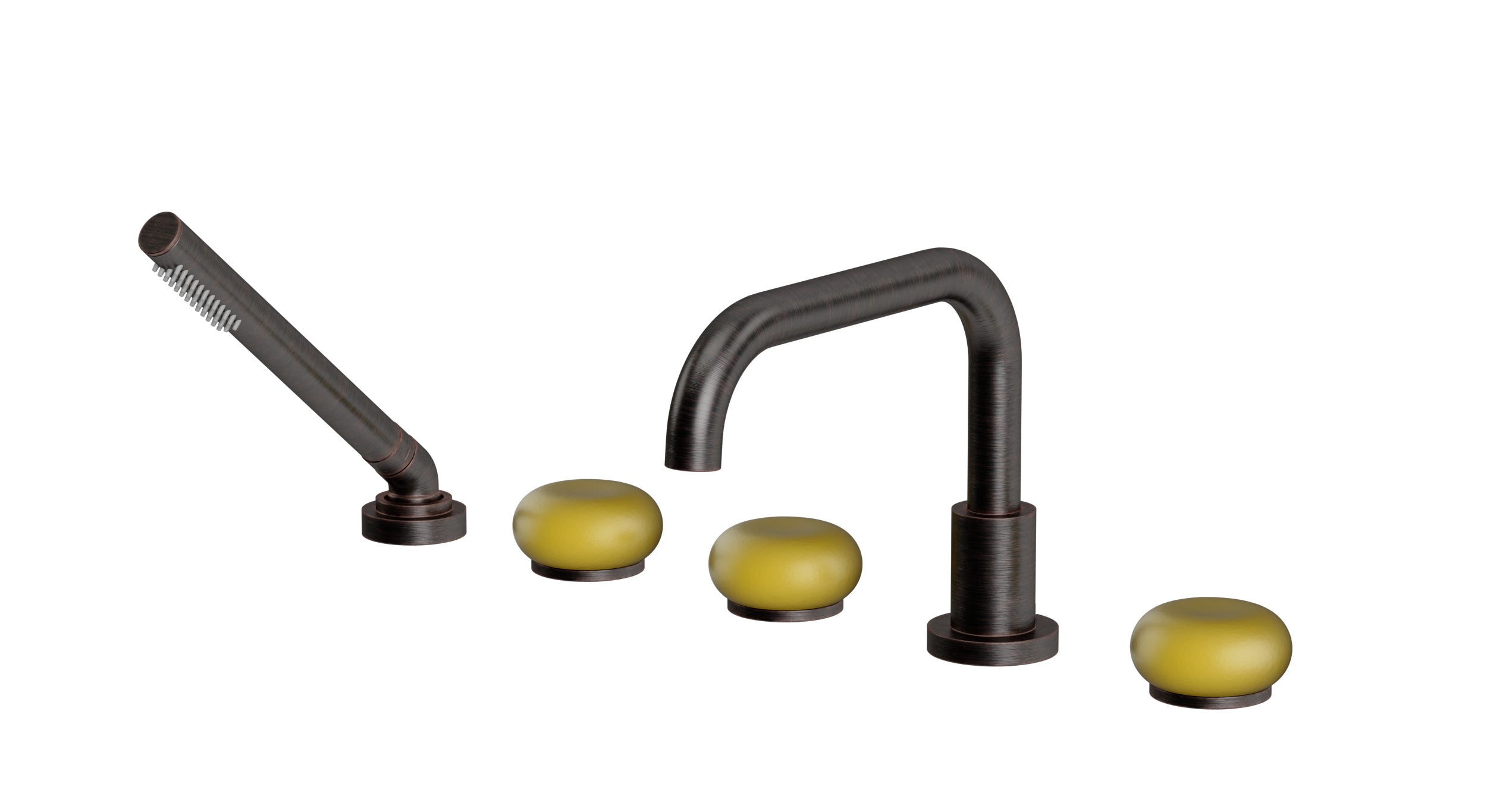 Foundry Three Handle Deck Mount Squaretop Bath Trim with Hand Shower and Pebble Ceramic Knob Handles in Antique Bronze