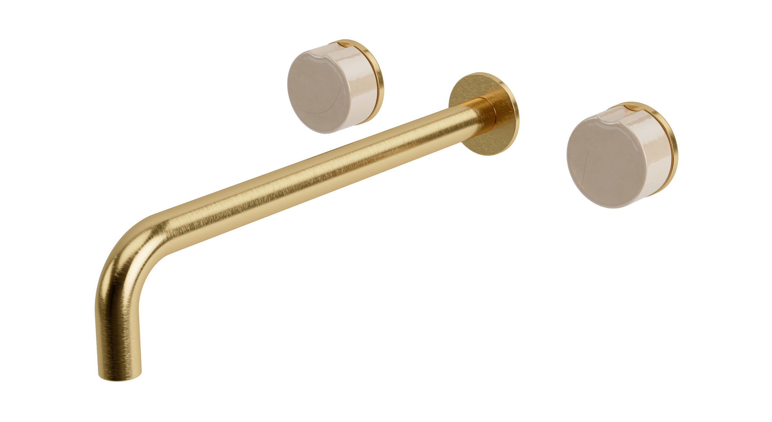 Foundry Two Handle Wall Mount 12" Lavatory Faucet with Groove Ceramic Knob Handles in Satin Brass