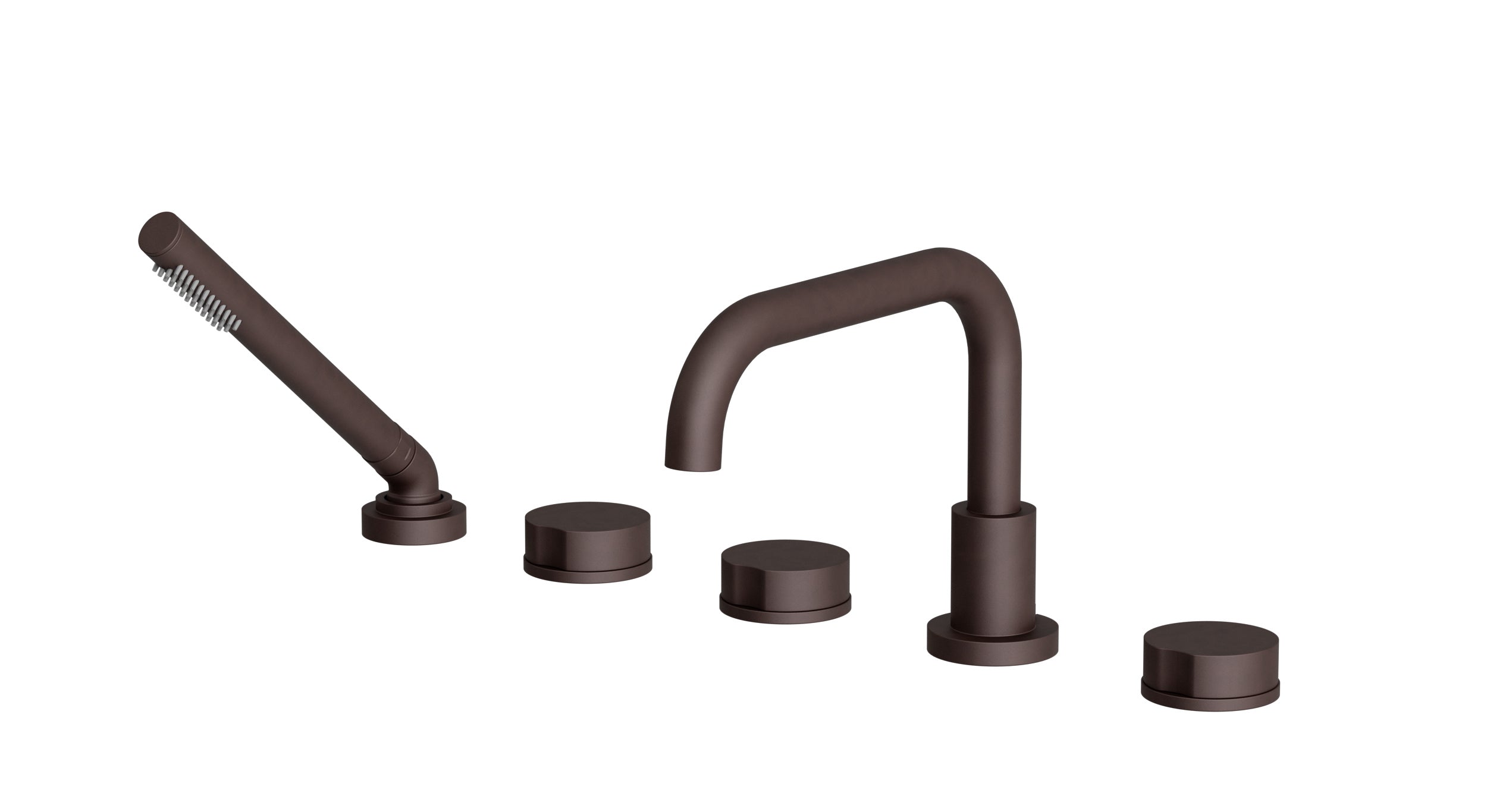 Foundry Three Handle Deck Mount Squaretop Bath Trim with Hand Shower and Circle Knob Handles in Architectural Copper