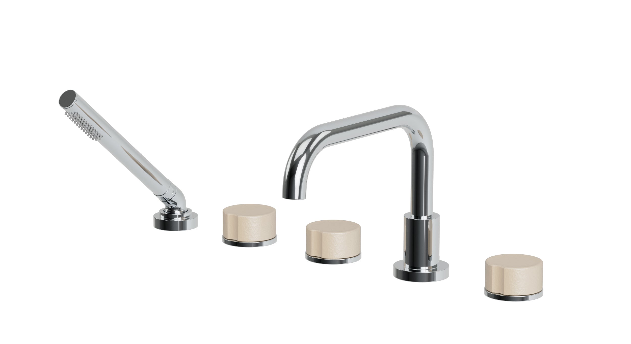Foundry Three Handle Deck Mount Squaretop Bath Trim with Hand Shower and Groove Ceramic Knob Handles in Polished Chrome