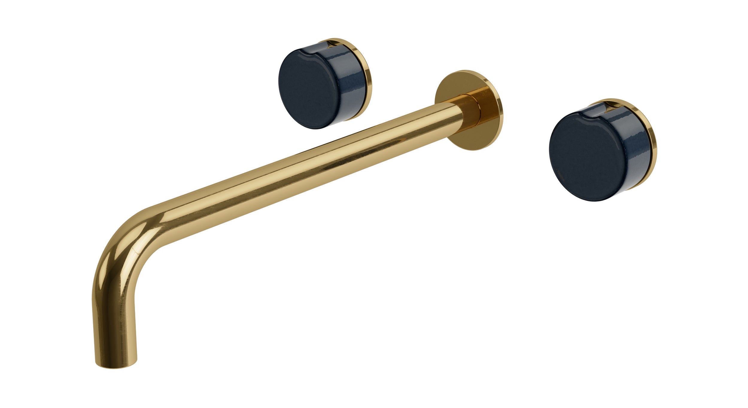 Foundry Two Handle Wall Mount 12" Lavatory Faucet with Groove Ceramic Knob Handles in Uncoated Polished Brass