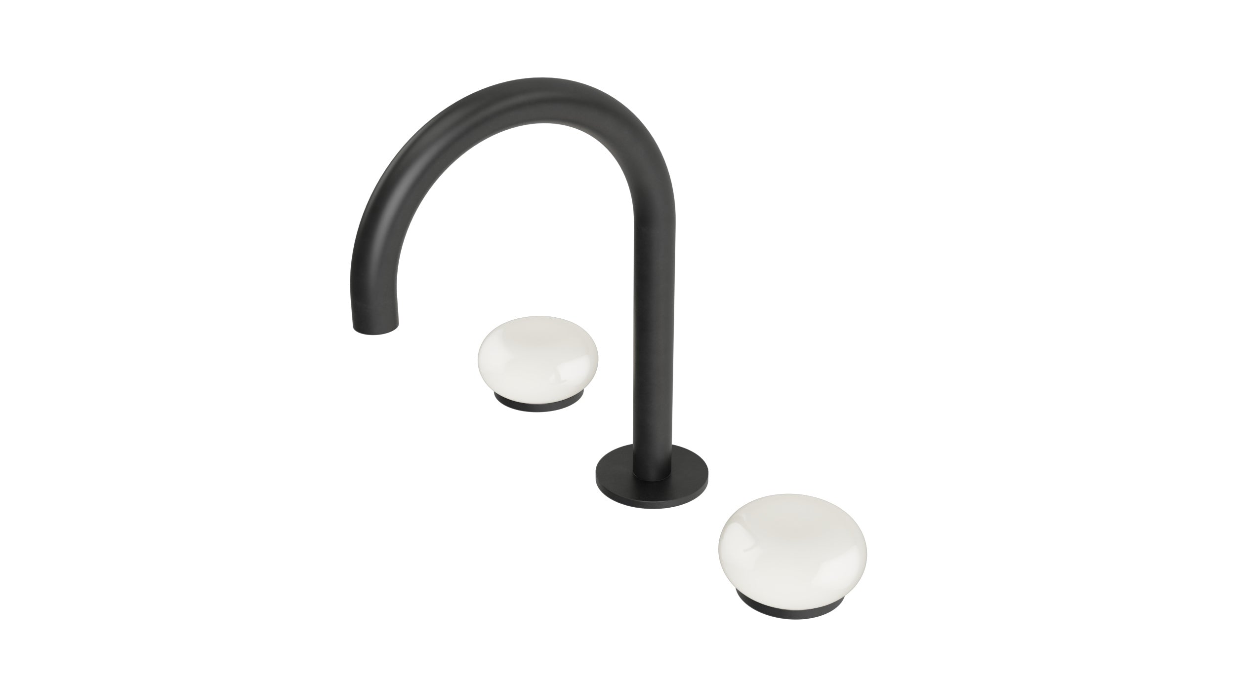 Foundry Two Handle Deck Mount Gooseneck Lavatory Faucet with Pebble Ceramic Knob Handles in Oil Rubbed Bronze