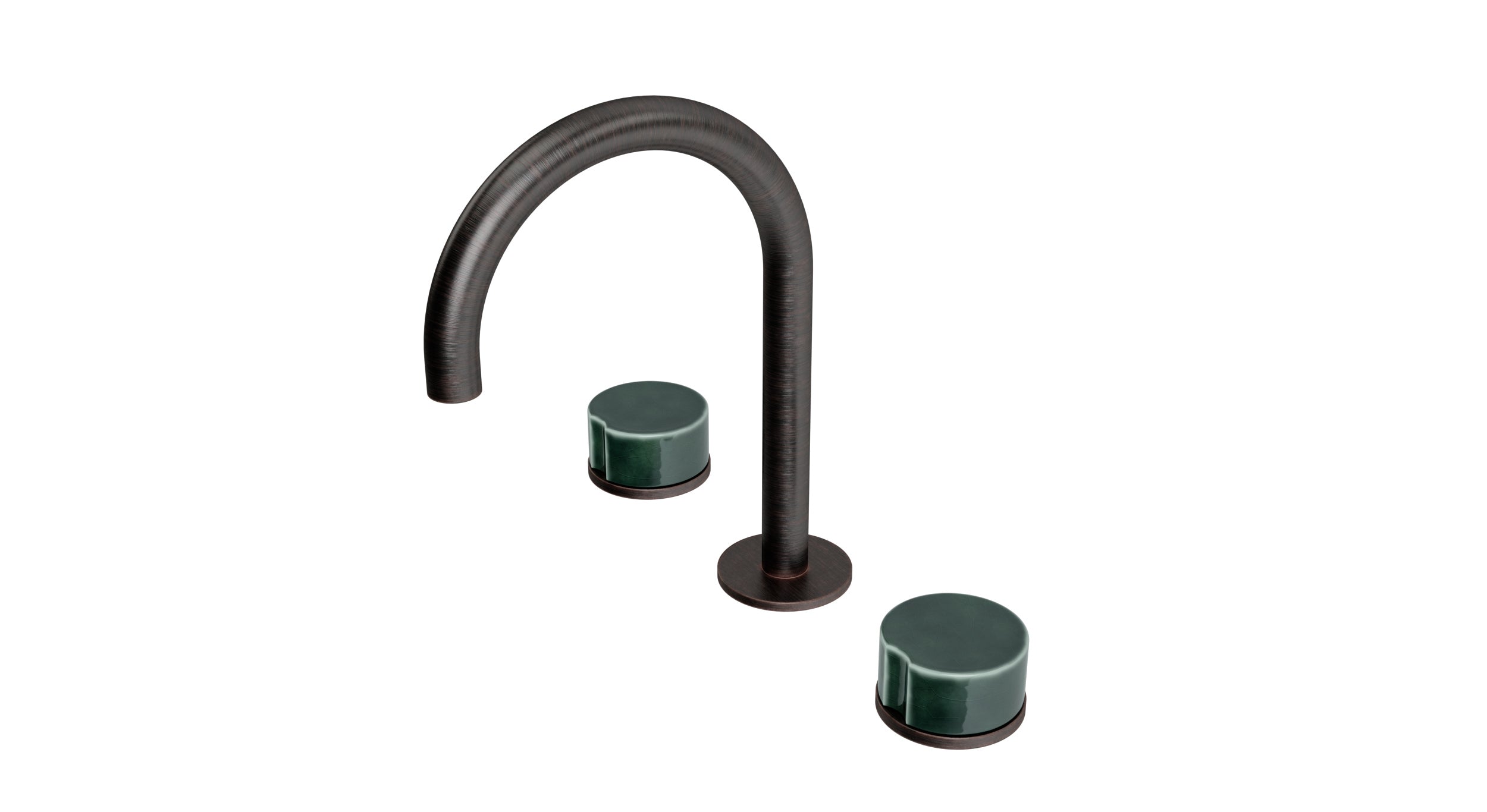 Foundry Two Handle Deck Mount Gooseneck Lavatory Faucet with Groove Ceramic Knob Handles in Antique Bronze
