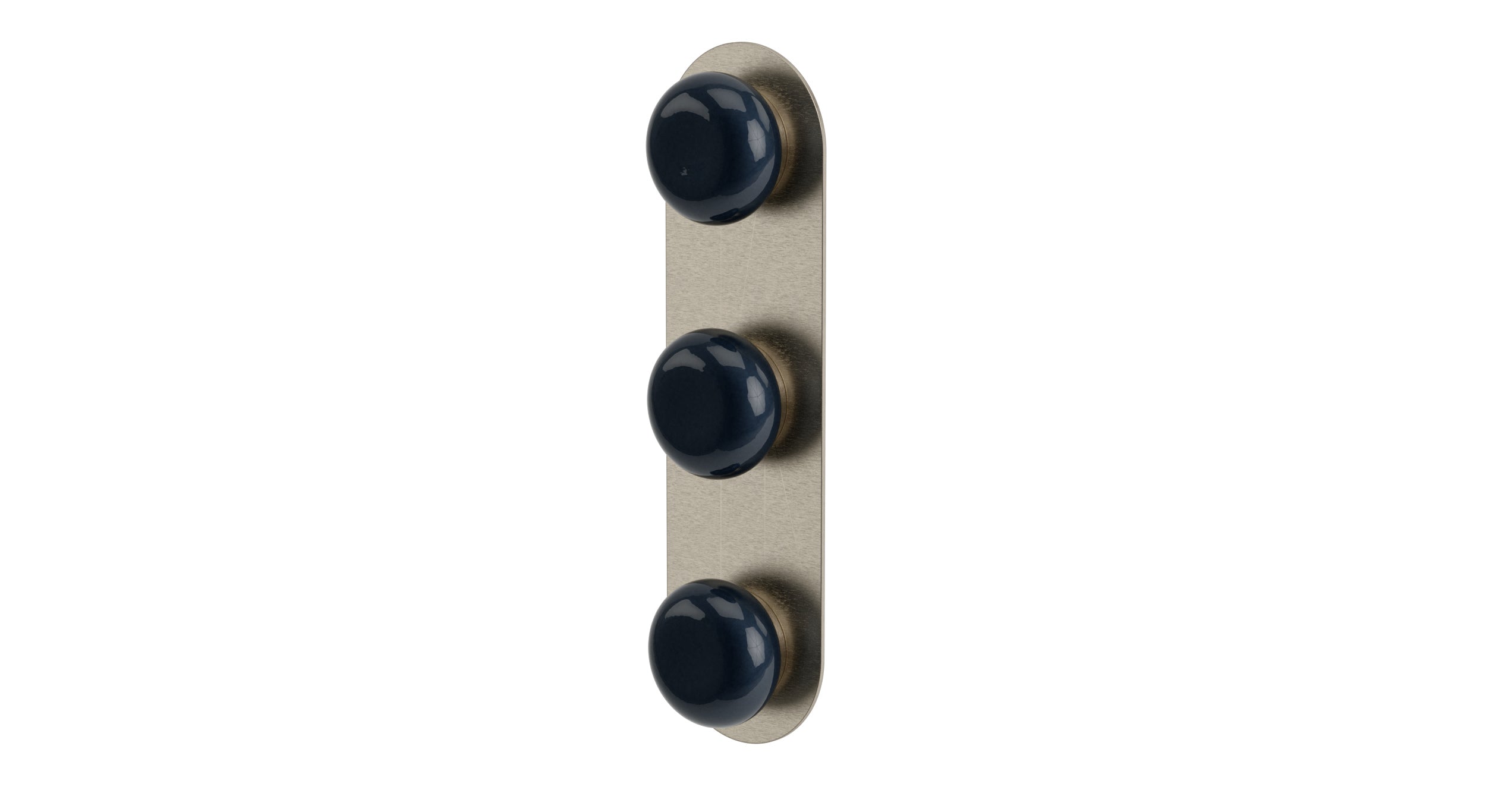 Foundry Three Handle Wall Mount Shower Trim with Pebble Ceramic Knob Handles in Satin Nickel