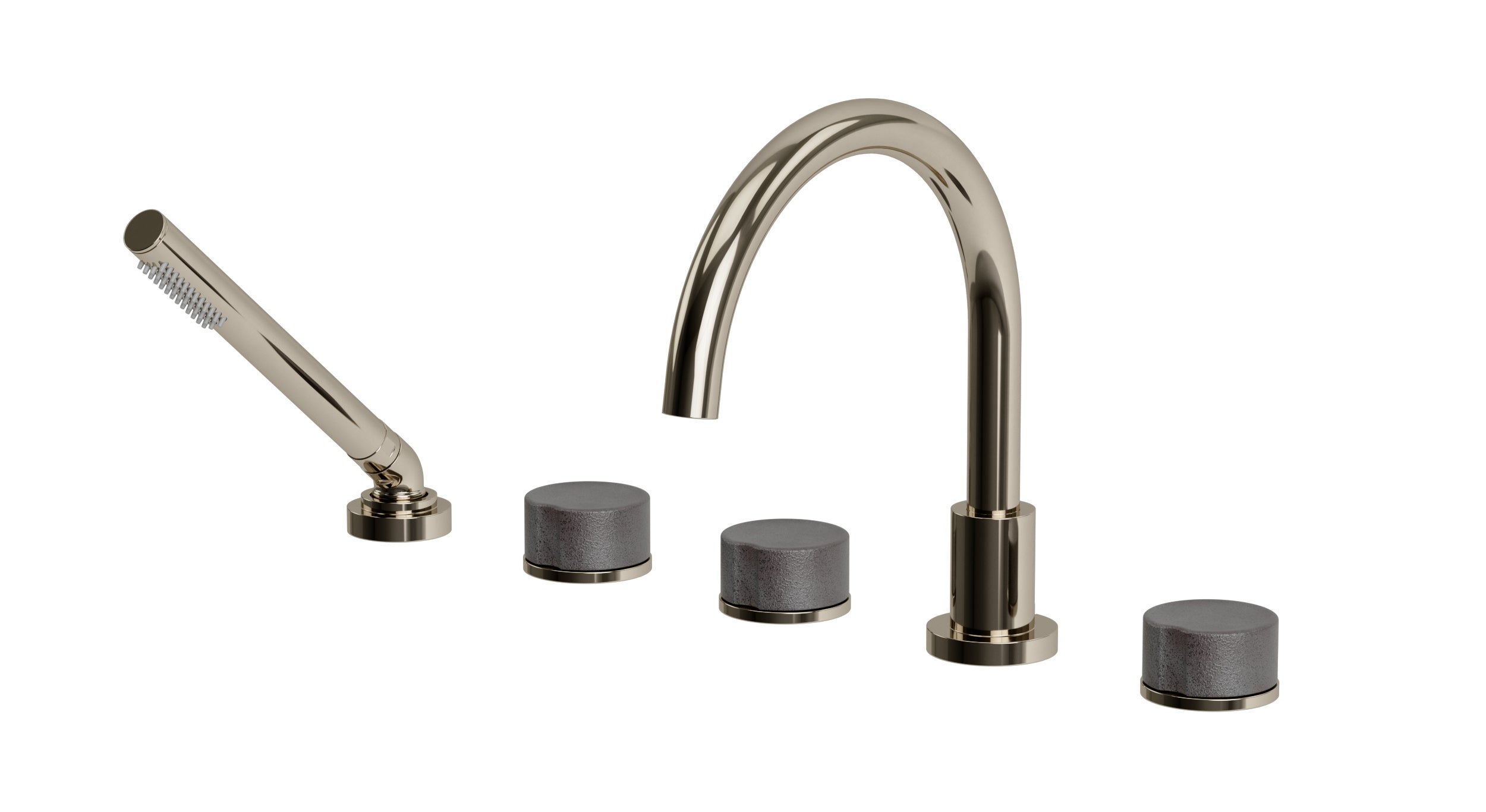 Foundry Three Handle Deck Mount Gooseneck Bath Trim with Hand Shower and Groove Ceramic Knob Handles in Polished Nickel