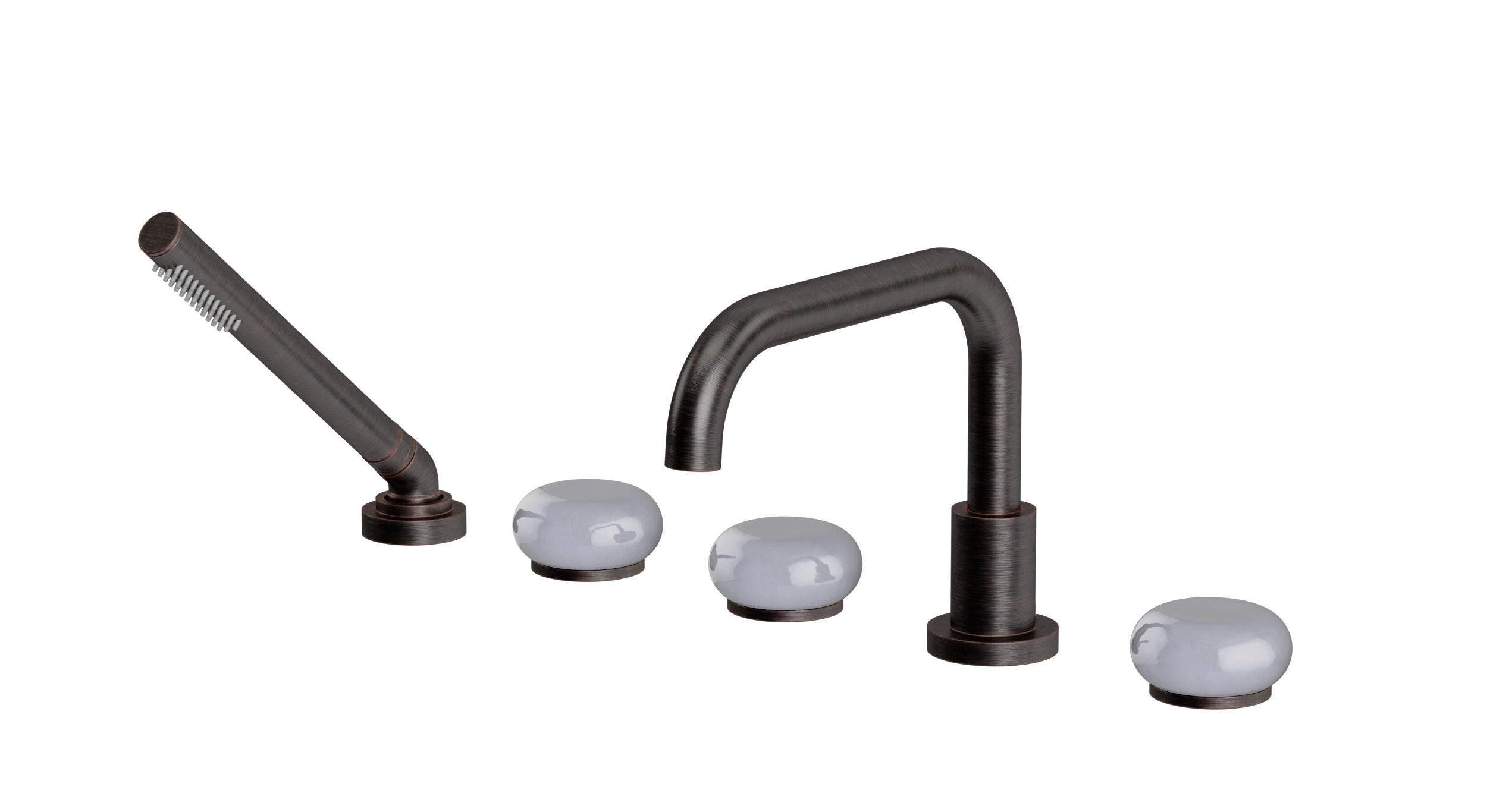 Foundry Three Handle Deck Mount Squaretop Bath Trim with Hand Shower and Pebble Ceramic Knob Handles in Antique Bronze