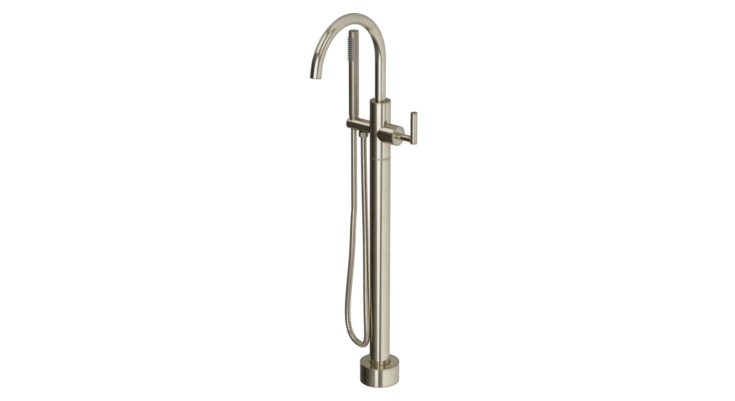 Contour One Handle Floor Mount Gooseneck Bath Trim with Hand Shower and Soft Lever Handle in French Nickel