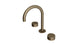 Foundry Two Handle Deck Mount Gooseneck Lavatory Faucet with Barrel Knob Handles in Antique Brass