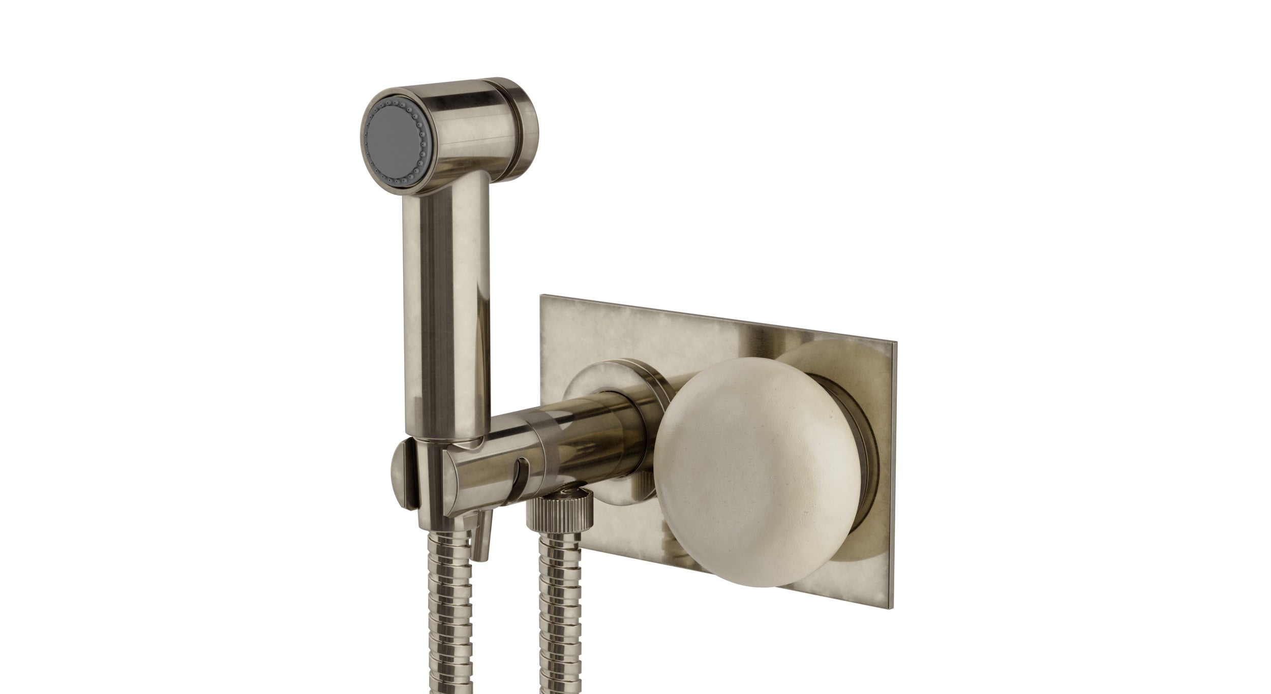 Foundry One Handle Wall Mount Bidet Trim with Pebble Ceramic Knob Handle in French Nickel