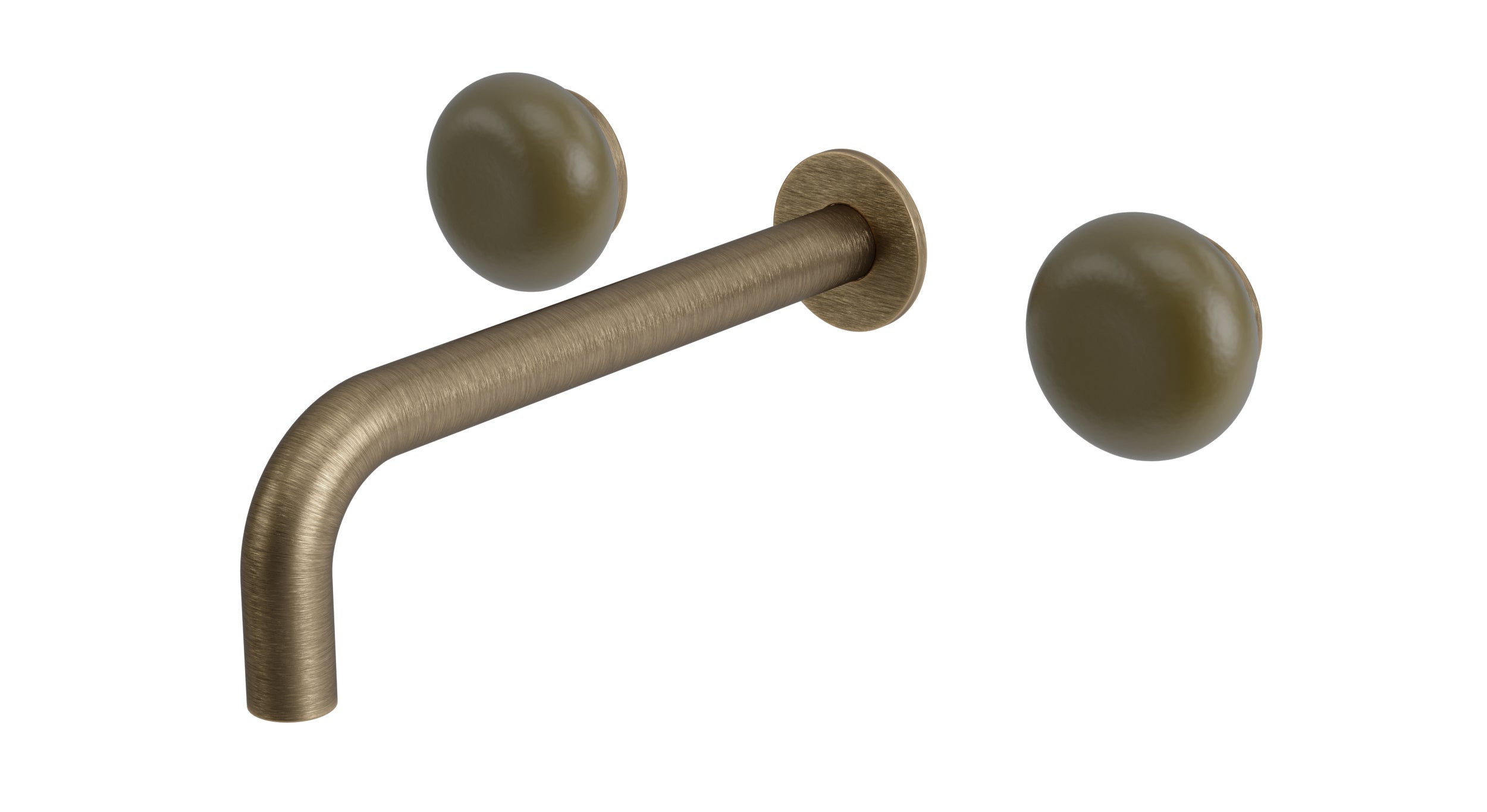 Foundry Two Handle Wall Mount 7.5" Lavatory Faucet with Pebble Ceramic Knob Handles in Antique Brass