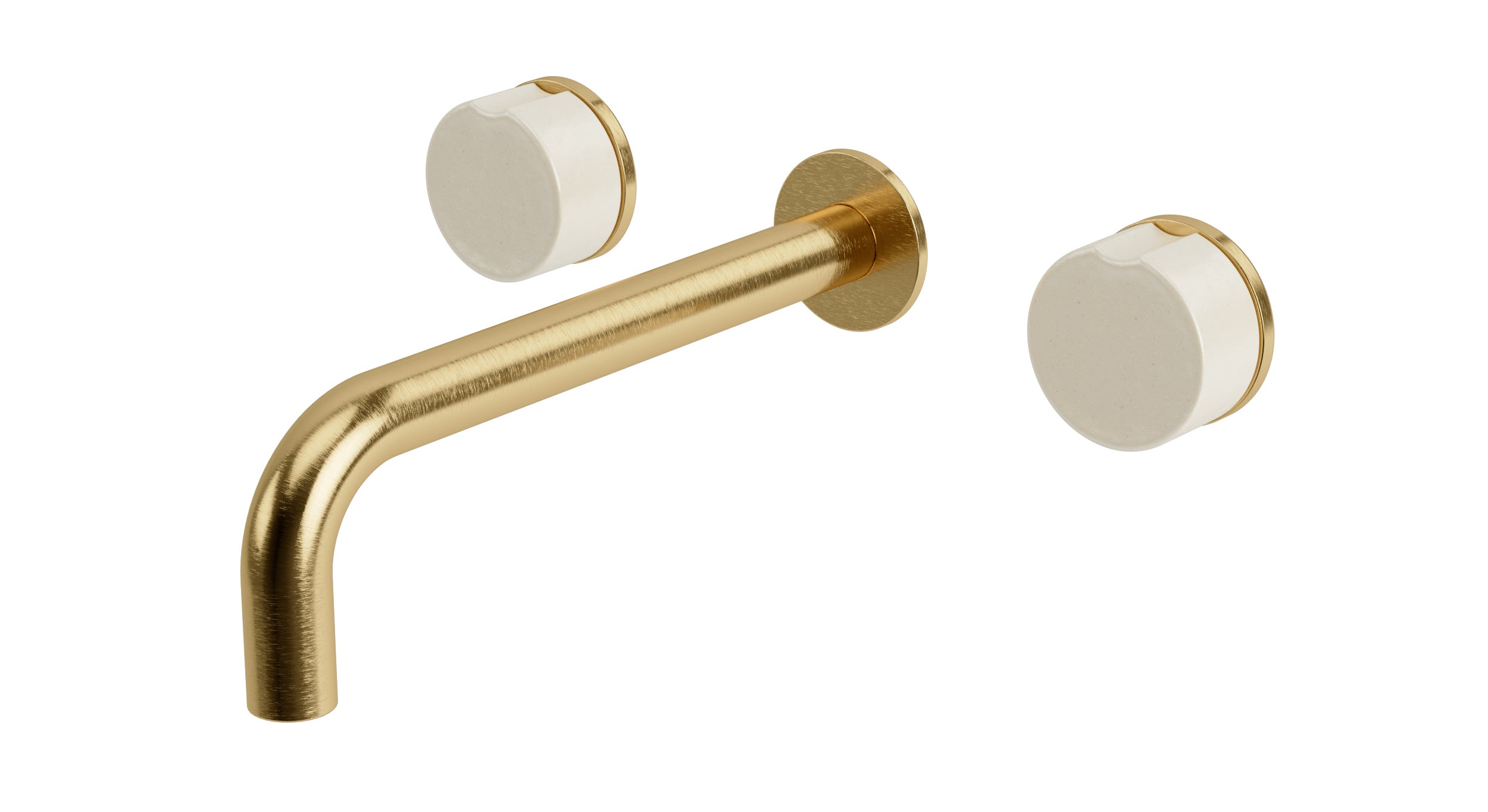 Foundry Two Handle Wall Mount 7.5" Lavatory Faucet with Groove Ceramic Knob Handles in Satin Brass