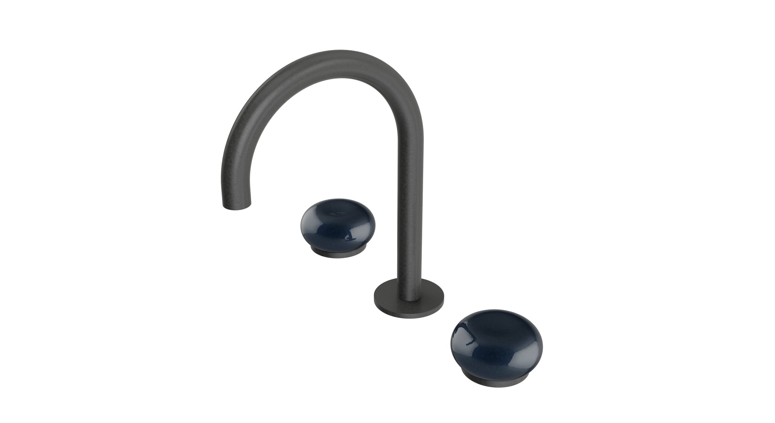 Foundry Two Handle Deck Mount Gooseneck Lavatory Faucet with Pebble Ceramic Knob Handles in Blackened Nickel