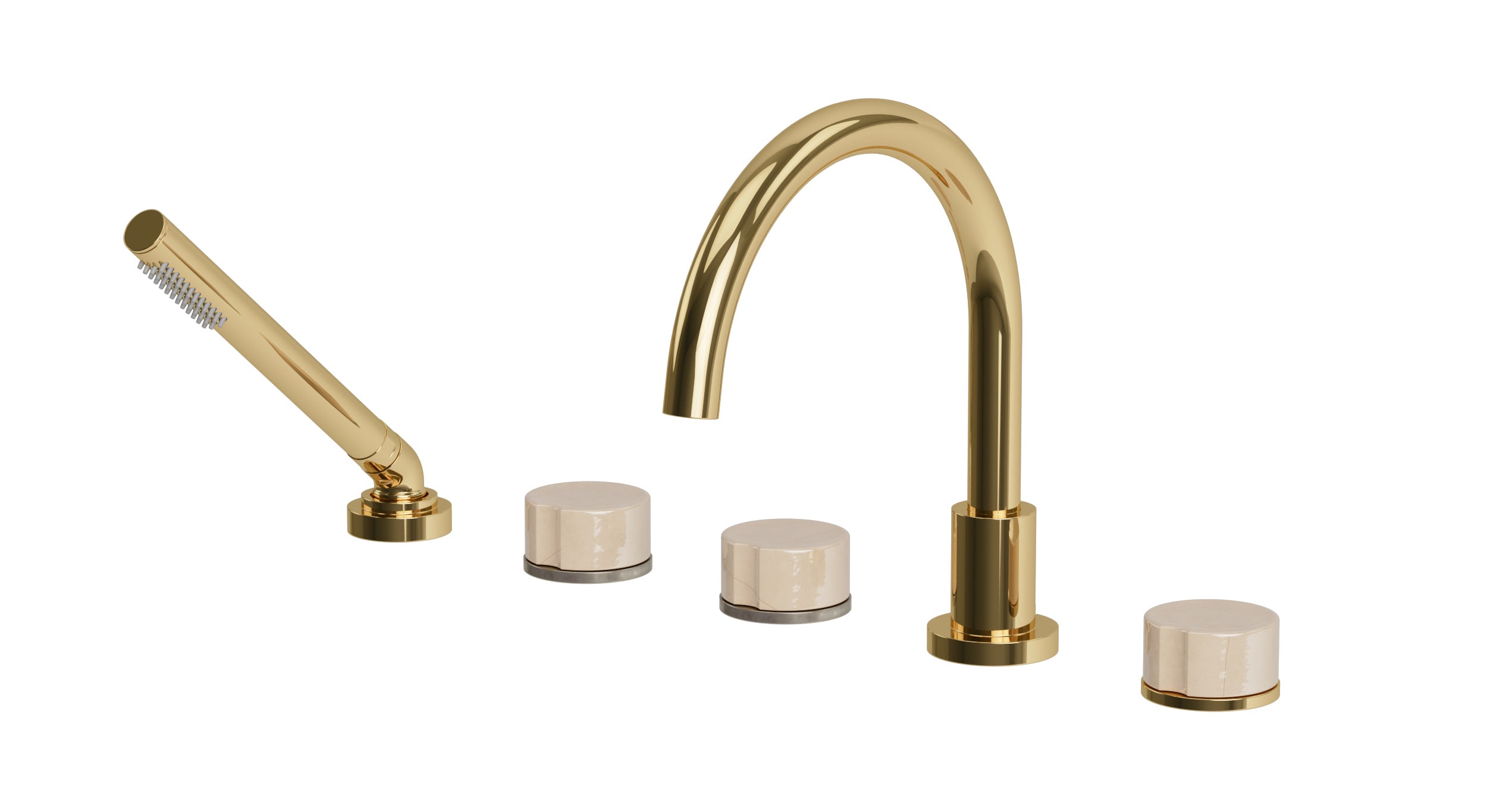 Foundry Three Handle Deck Mount Gooseneck Bath Trim with Hand Shower and Groove Ceramic Knob Handles in Polished Brass