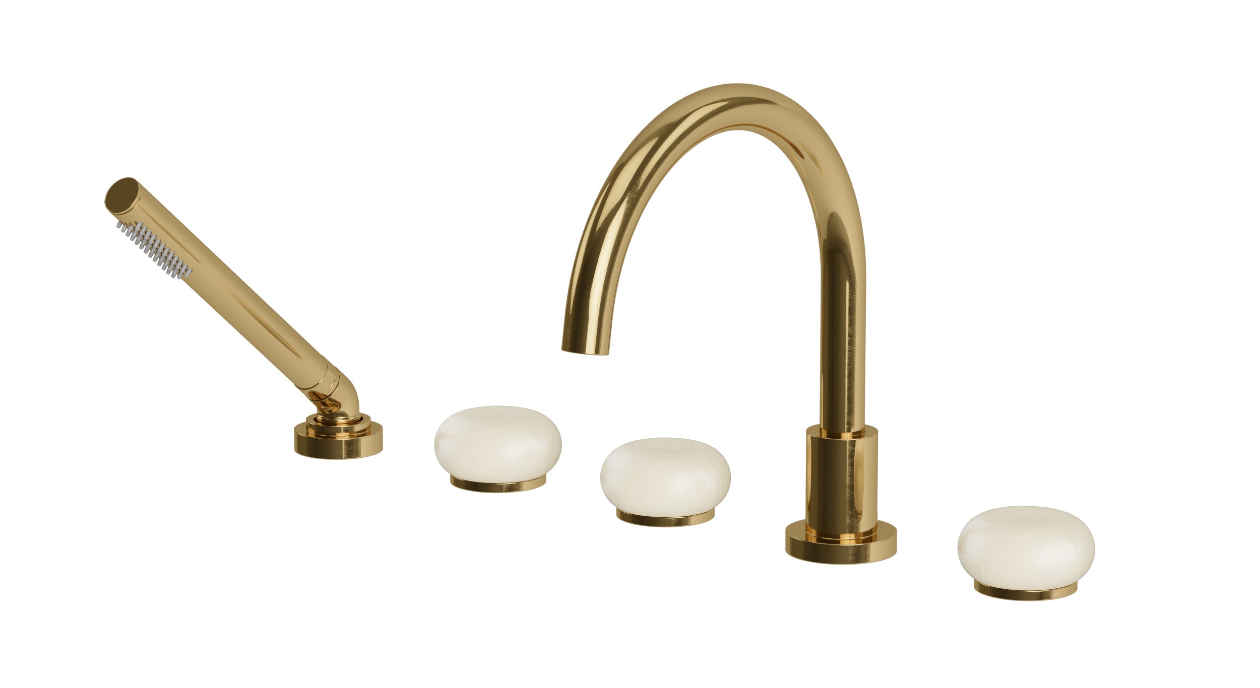 Foundry Three Handle Deck Mount Gooseneck Bath Trim with Hand Shower and Pebble Ceramic Knob Handles in Uncoated Polished Brass