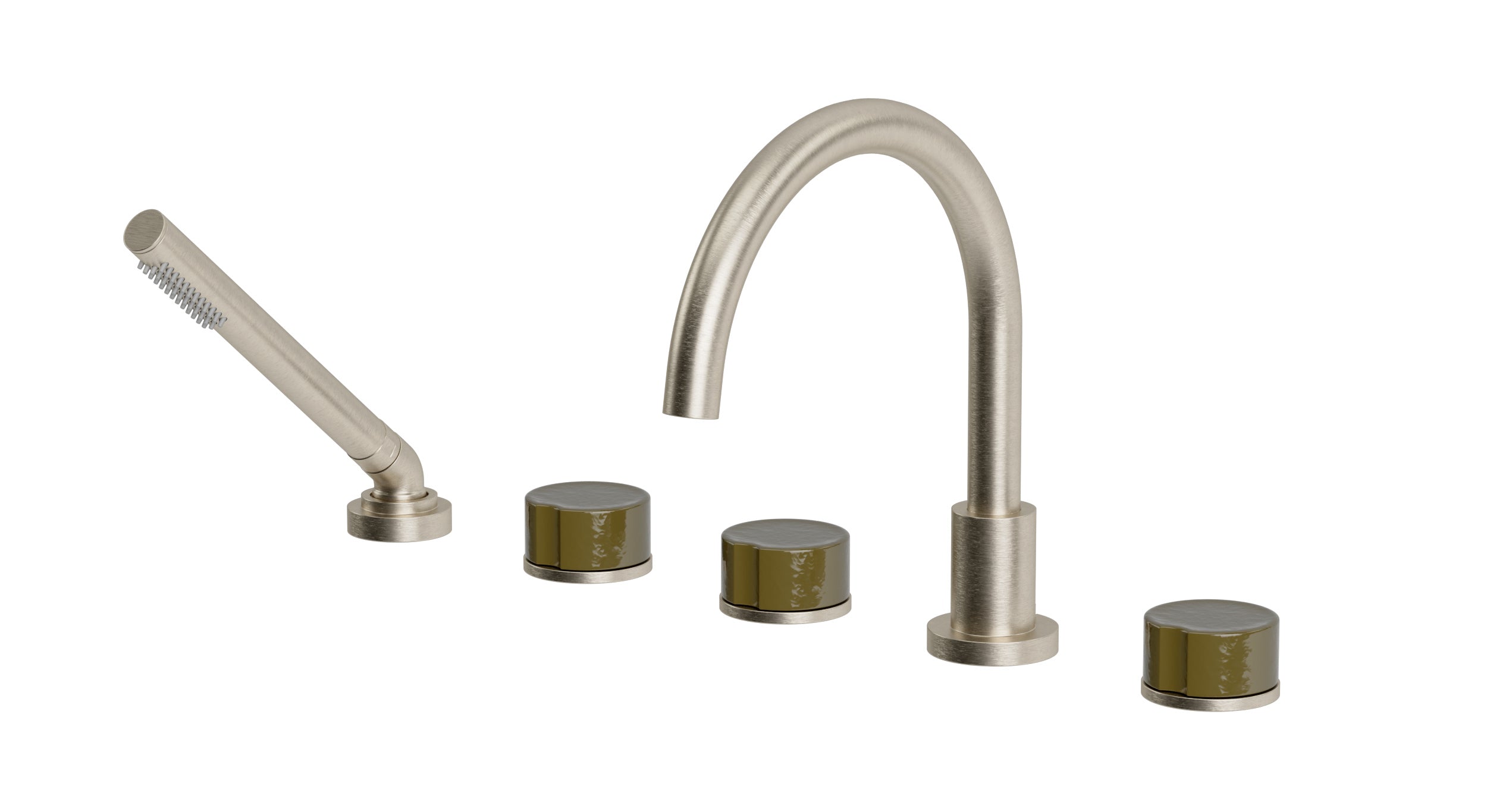 Foundry Three Handle Deck Mount Gooseneck Bath Trim with Hand Shower and Groove Ceramic Knob Handles in Satin Nickel