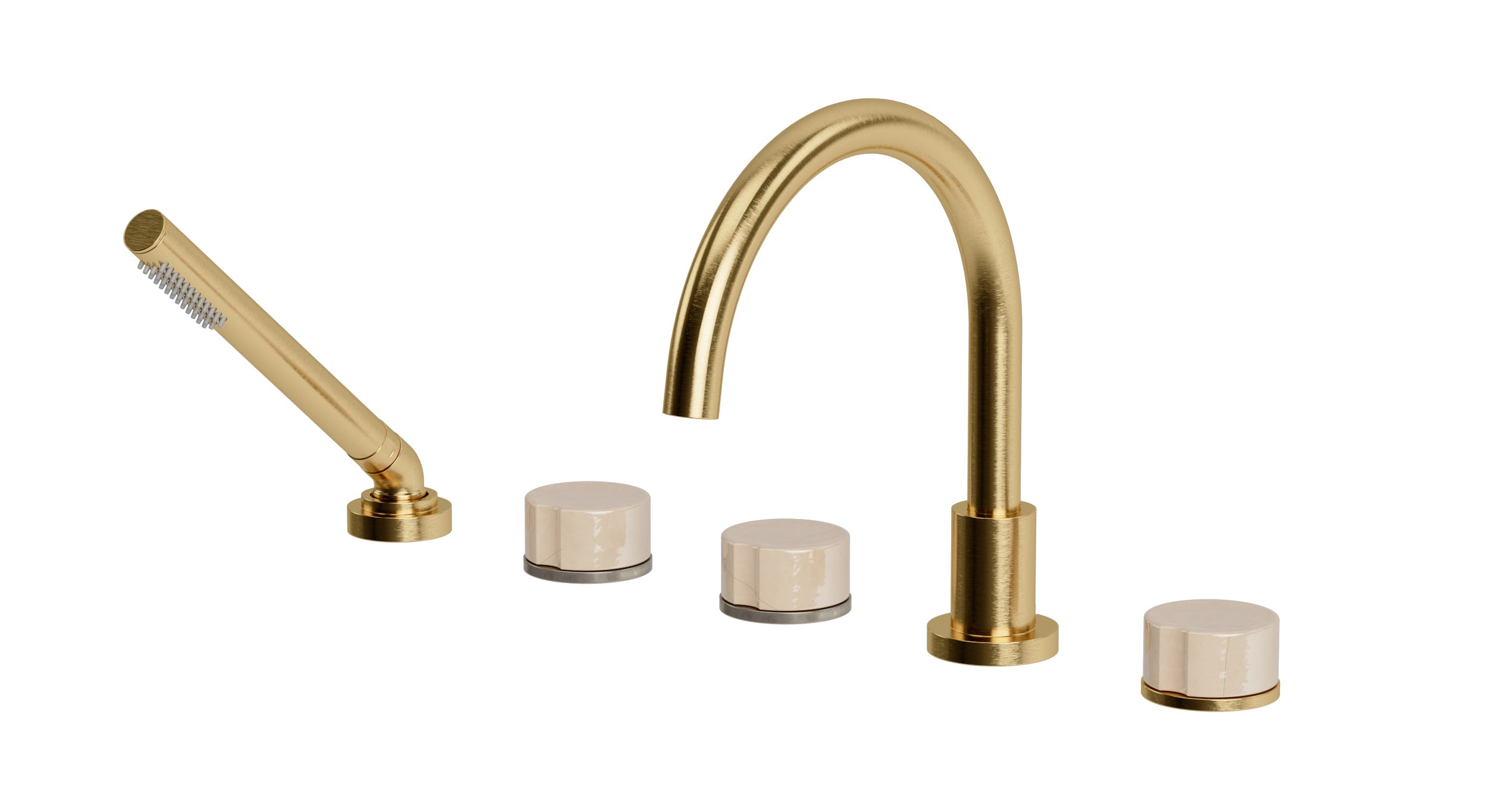 Foundry Three Handle Deck Mount Gooseneck Bath Trim with Hand Shower and Groove Ceramic Knob Handles in Satin Brass