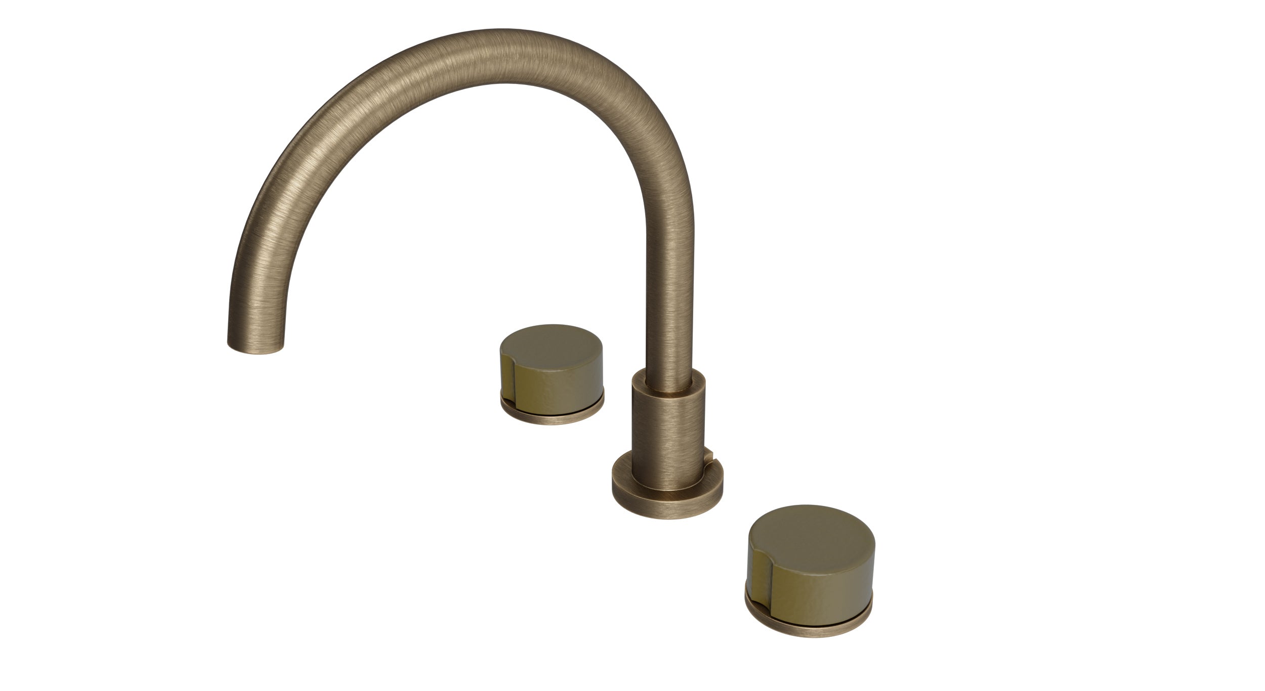 Foundry Two Handle Deck Mount Gooseneck Bath Trim with Groove Ceramic Knob Handles in Antique Brass