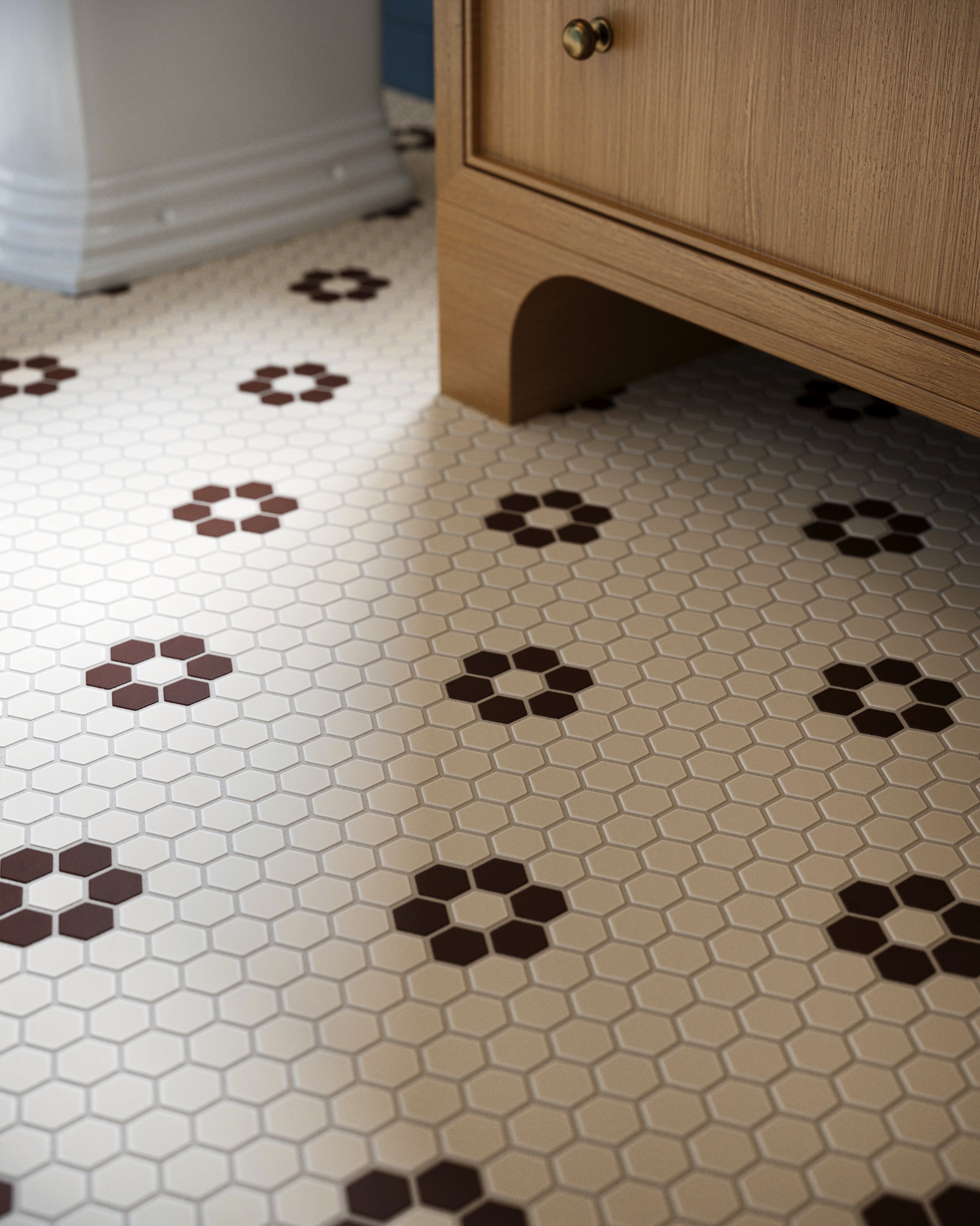 1" Hexagon Double Daisy Sheeted Original Ceramic Tile in Sand Dune Matte & Garnet Matte