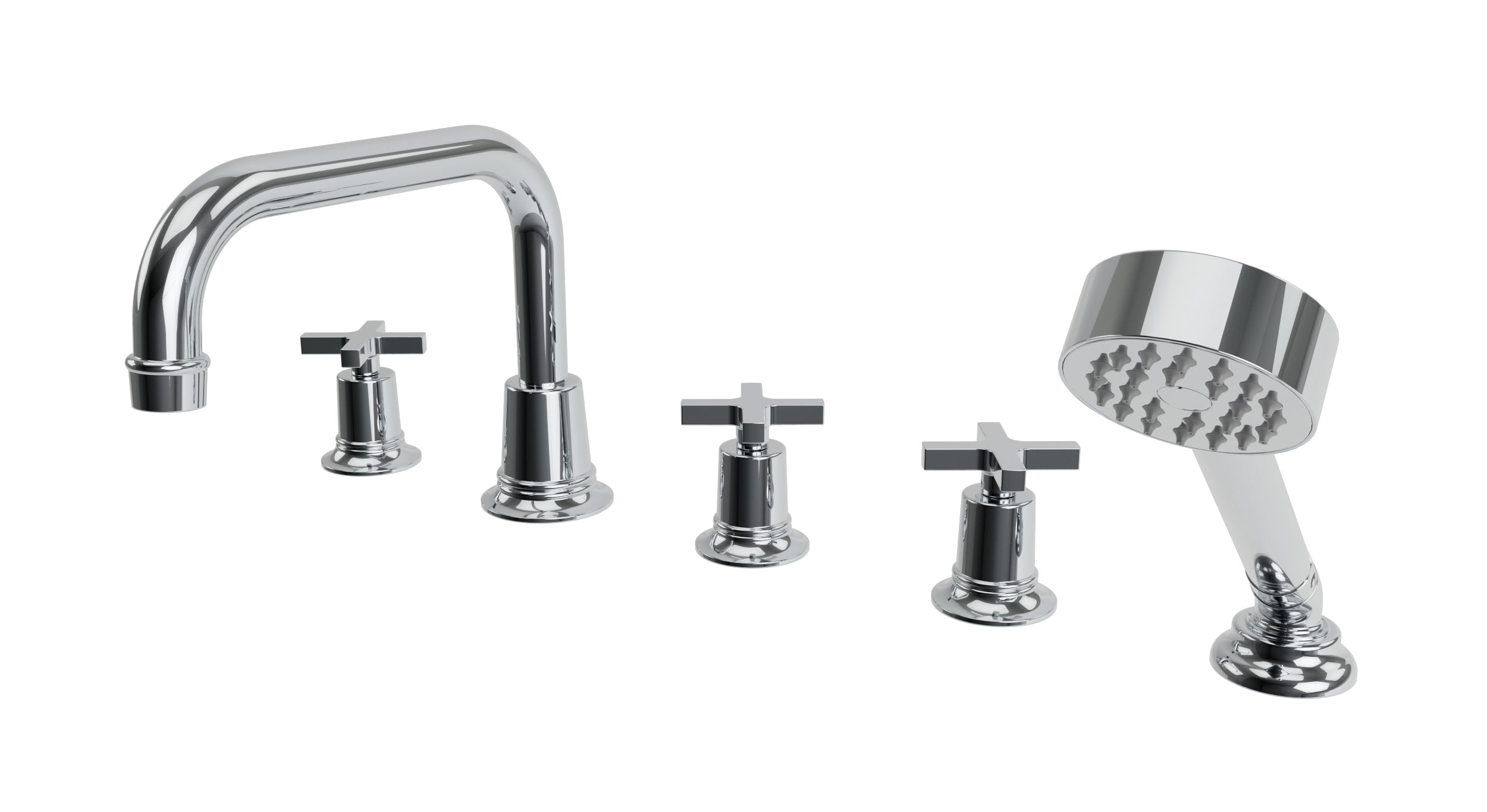 Emerson Three Handle Deck Mount Squaretop Bath Trim with Hand Shower and Classic Cross Handles