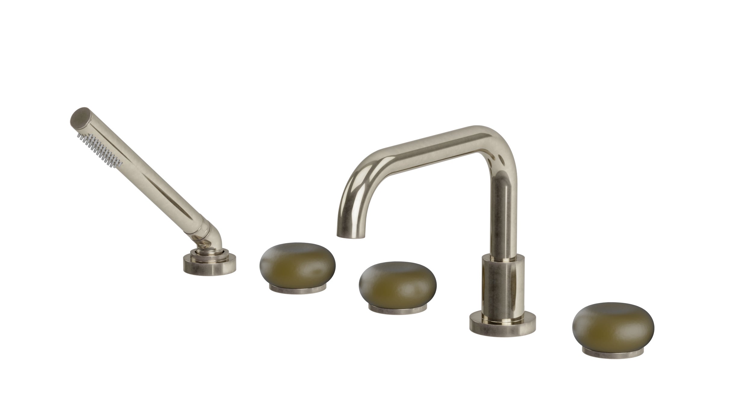 Foundry Three Handle Deck Mount Squaretop Bath Trim with Hand Shower and Pebble Ceramic Knob Handles in French Nickel