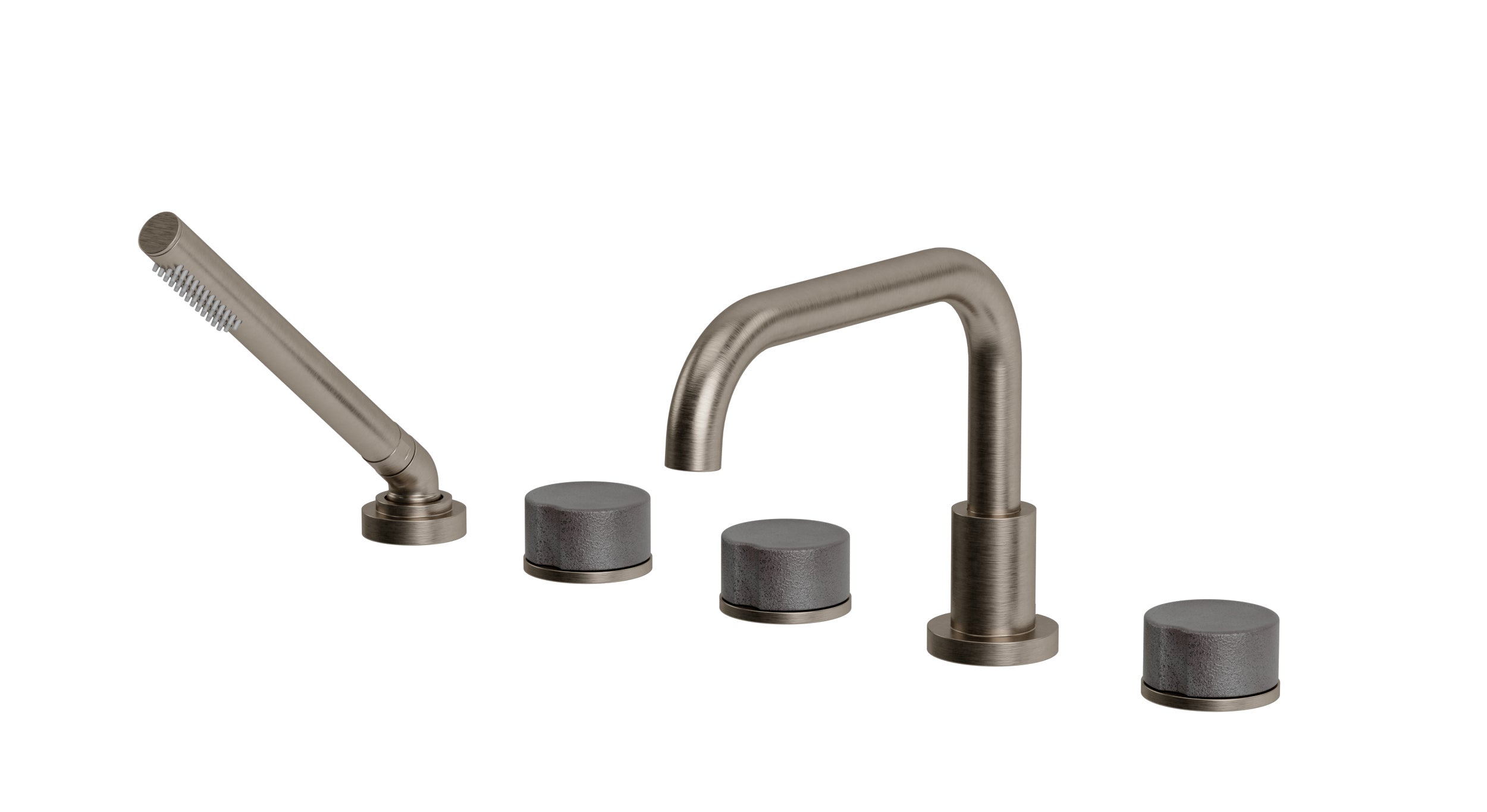 Foundry Three Handle Deck Mount Squaretop Bath Trim with Hand Shower and Groove Ceramic Knob Handles in Antique Nickel