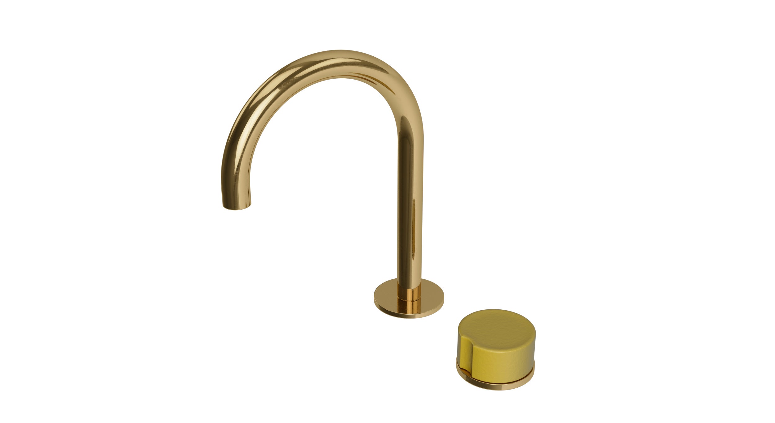 Foundry One Handle Deck Mount Gooseneck Lavatory Faucet with Groove Ceramic Knob Handle in Uncoated Polished Brass
