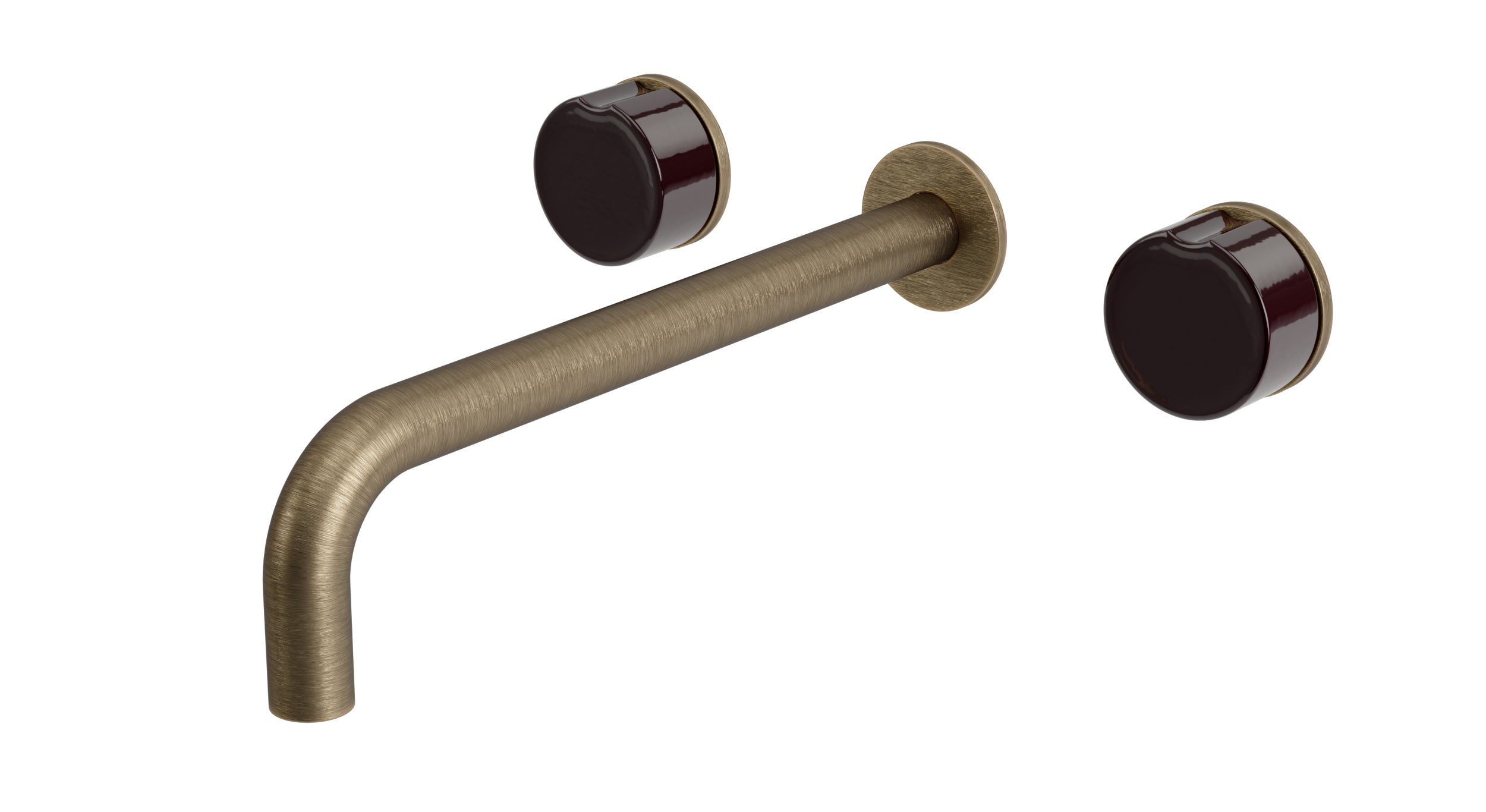 Foundry Two Handle Wall Mount 10" Lavatory Faucet with Groove Ceramic Knob Handles in Antique Brass