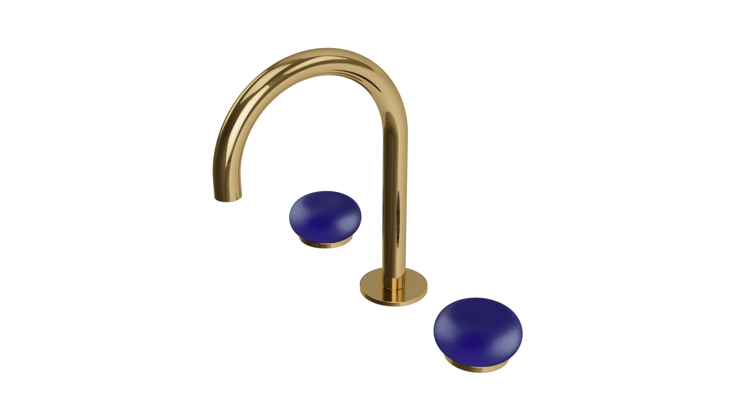 Foundry Two Handle Deck Mount Gooseneck Lavatory Faucet with Pebble Ceramic Knob Handles in Uncoated Polished Brass
